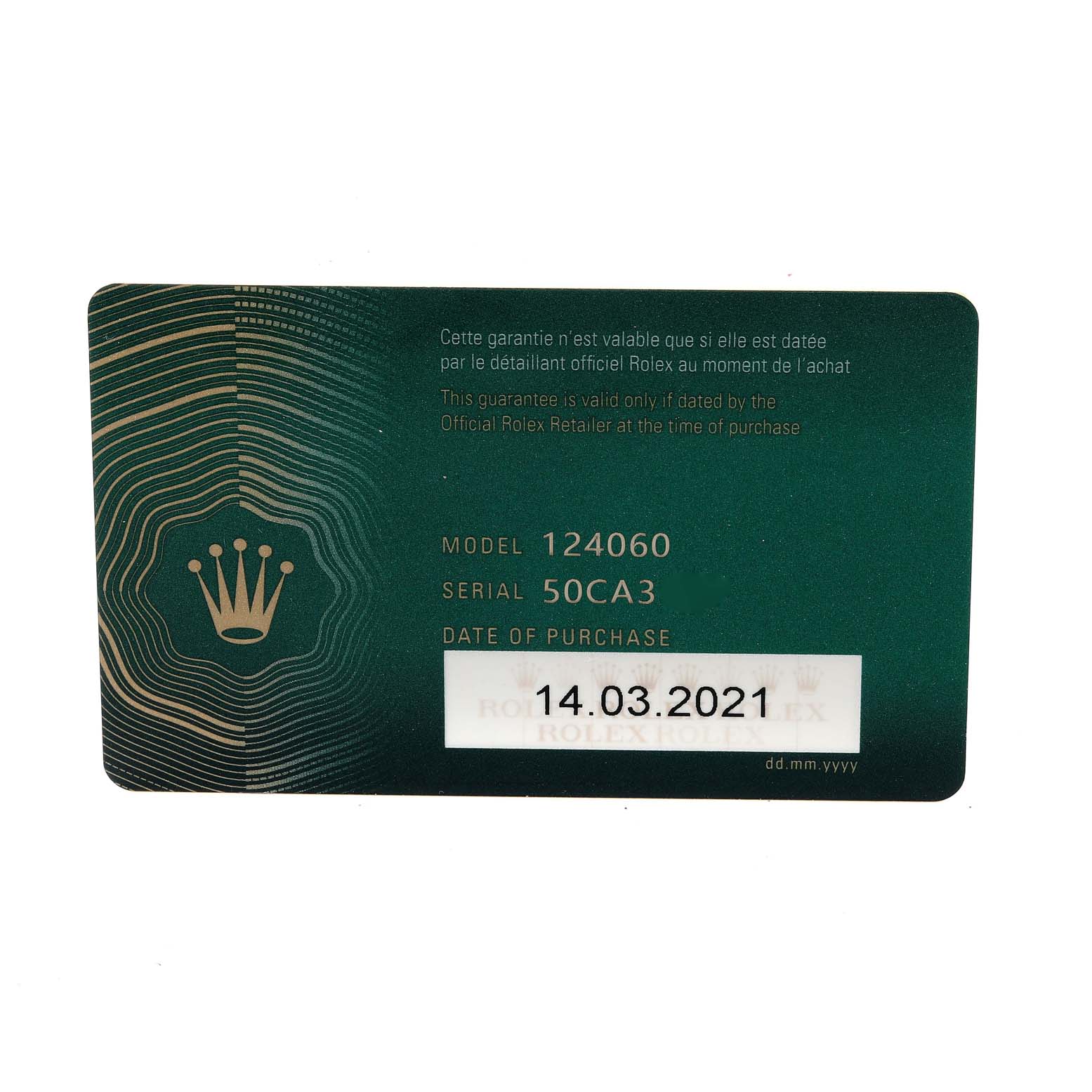 The image shows the warranty card for a Rolex Submariner 124060 Men
s Stainless Steel Black Dial 124060 Men
s Stainless Steel Black Dial model 124060, with the purchase date of 14.03.2021.