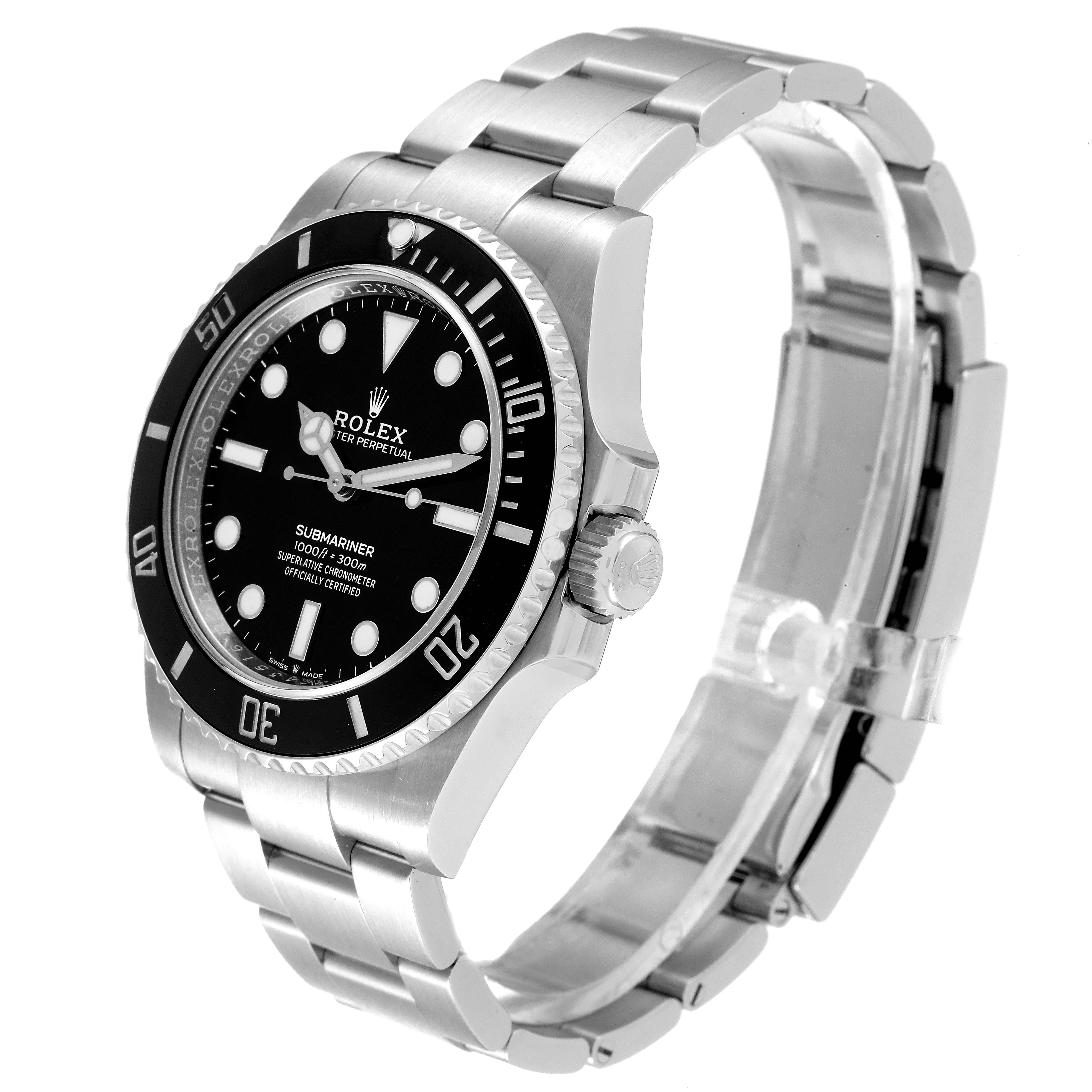 The image shows a Rolex Submariner 124060 Men
s Stainless Steel Black Dial 124060 Men
s Stainless Steel Black Dial watch at an angled side view, highlighting its bezel, crown, and bracelet.