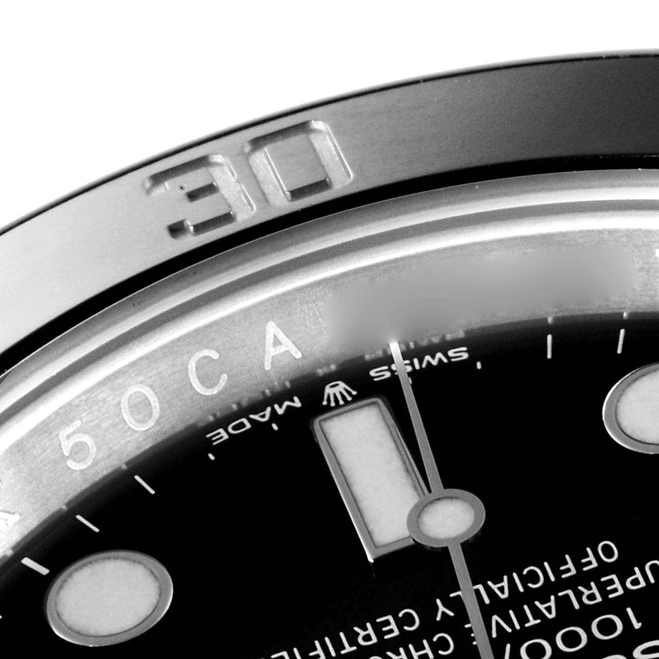 The image shows a close-up angle of the bezel and dial of the Rolex Submariner 124060 Men
s Stainless Steel Black Dial 124060 Men
s Stainless Steel Black Dial watch, highlighting the "30" marker and Swiss-made text.