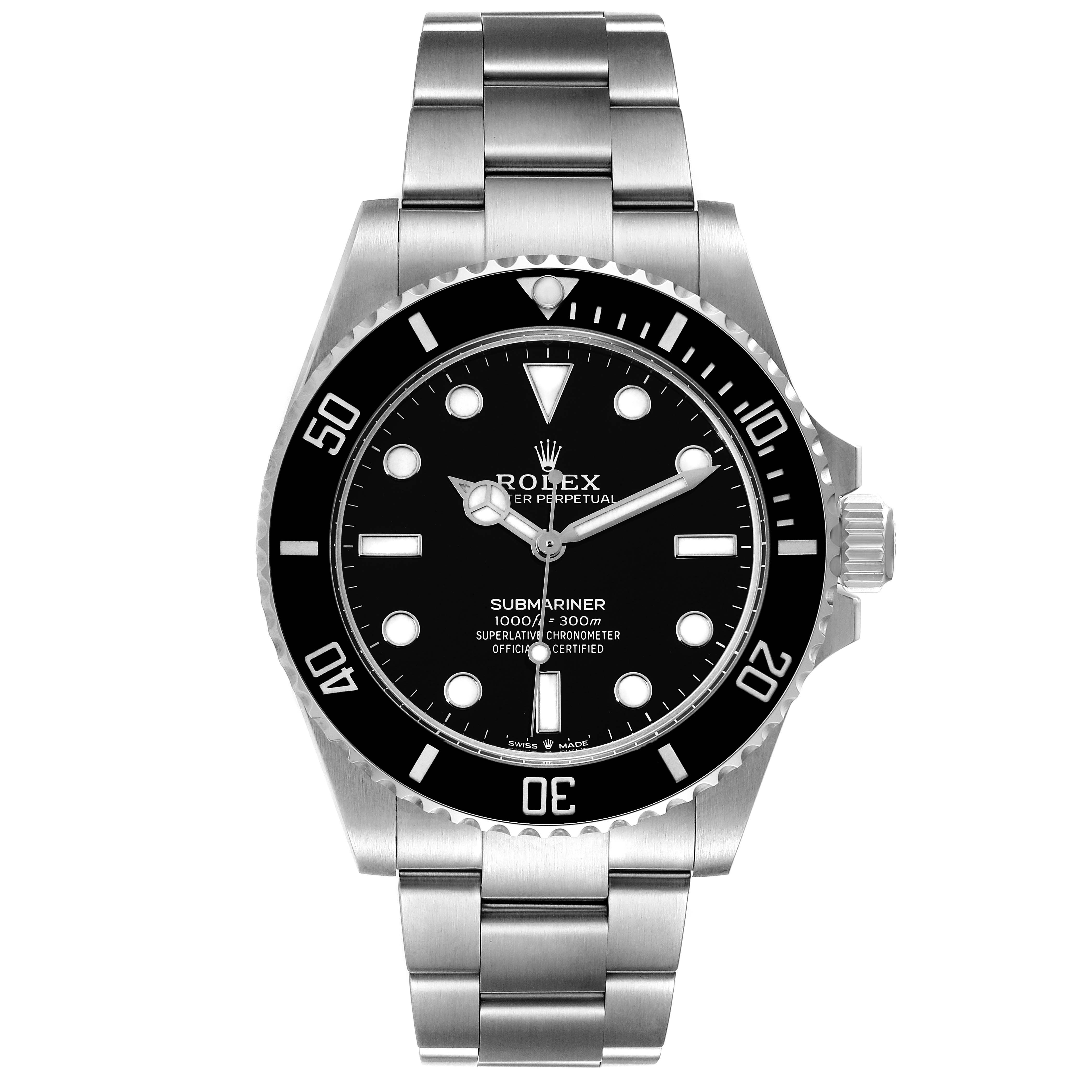 The image shows a front view of the Rolex Submariner 124060 Men
s Stainless Steel Black Dial 124060 Men
s Stainless Steel Black Dial watch, displaying the dial, bezel, crown, and bracelet.
