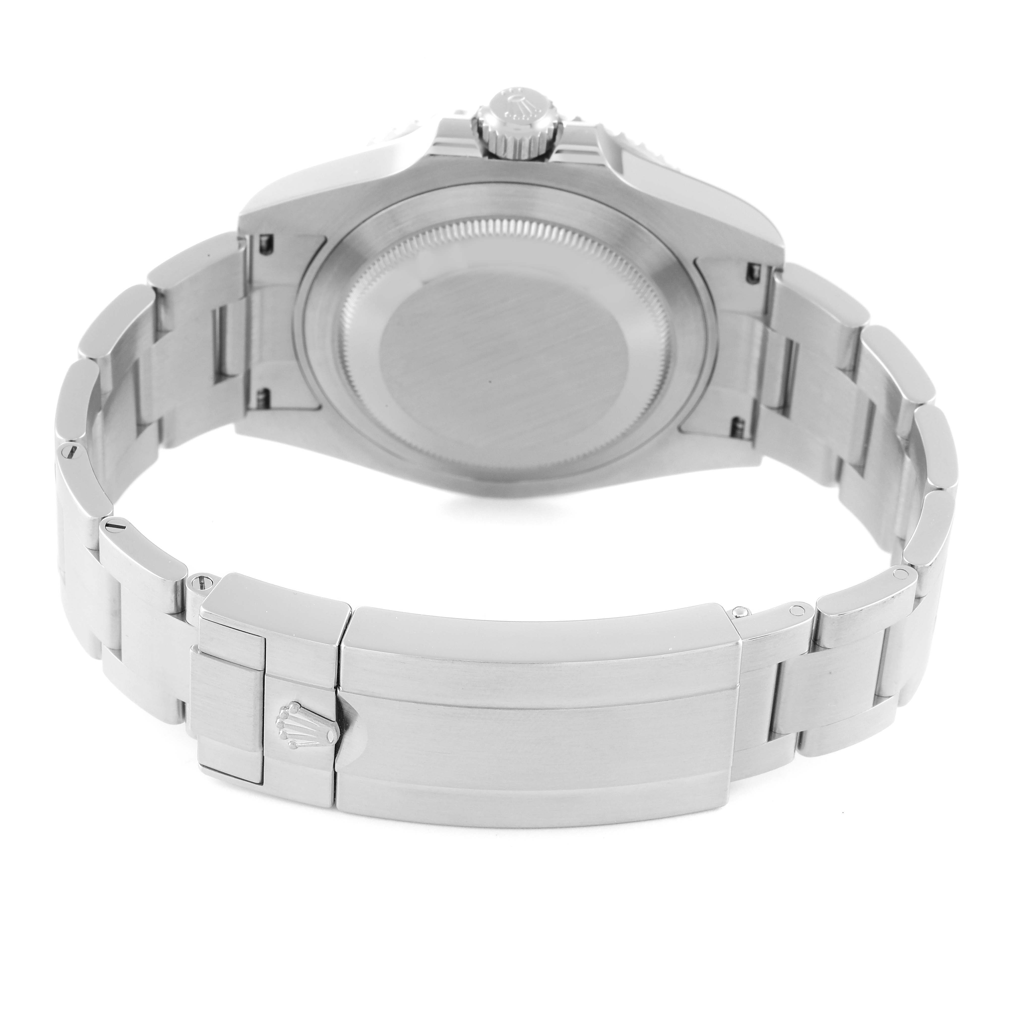 This image shows the back side of the Rolex Submariner 124060 Men
s Stainless Steel Black Dial 124060 Men
s Stainless Steel Black Dial watch, focusing on the case back and metal bracelet with the clasp closed.