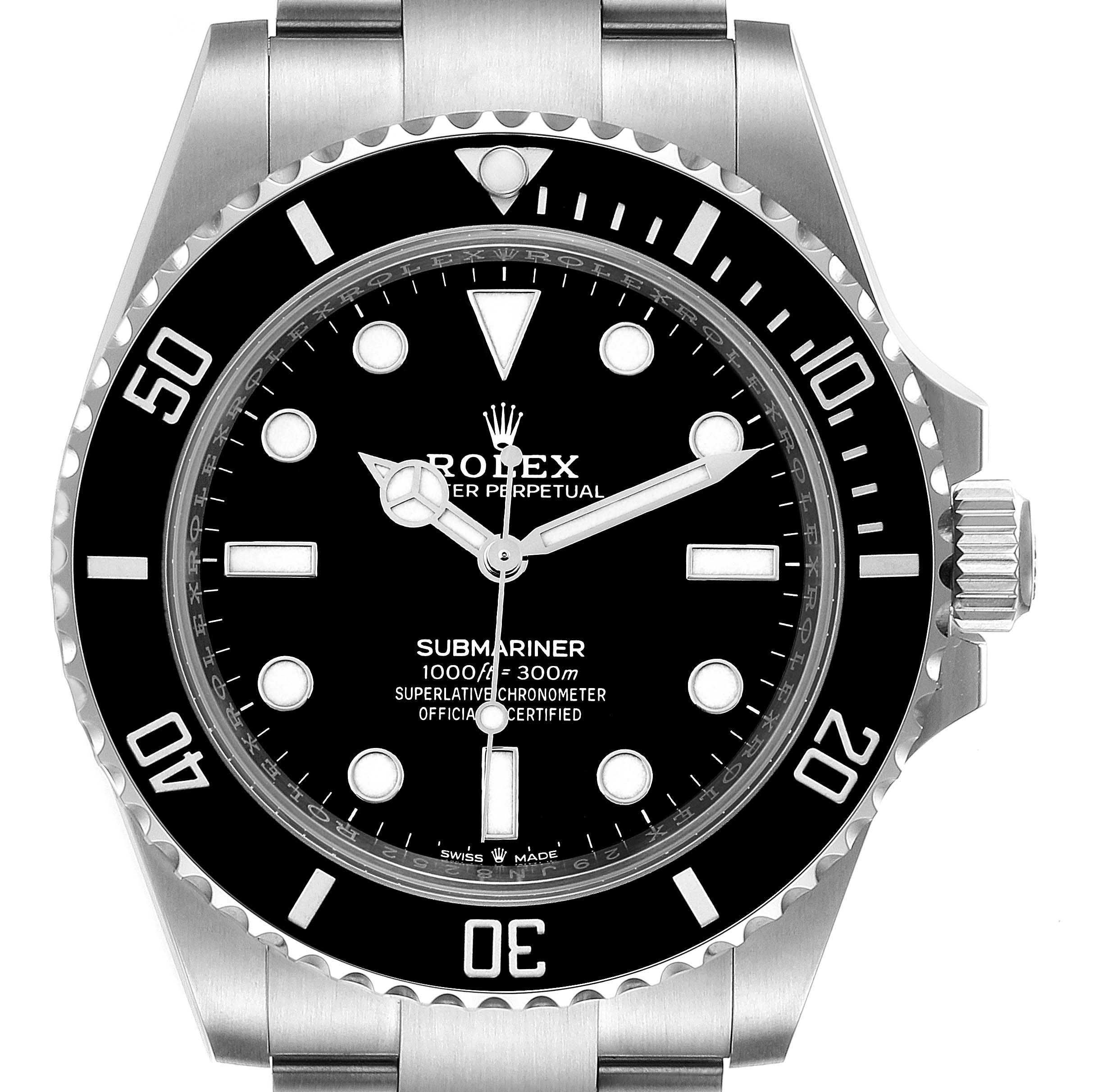 Front view of the Rolex Submariner 124060 Men
s Stainless Steel Black Dial 124060 Men
s Stainless Steel Black Dial watch, showing the dial, bezel, crown, and part of the bracelet.