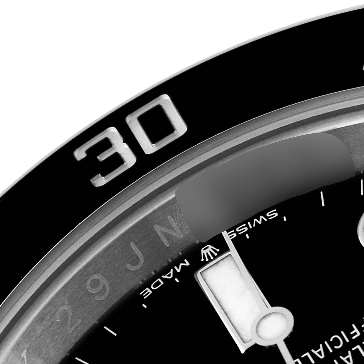 This image shows a close-up of the bezel and part of the dial of a Rolex Submariner 124060 Men
s Stainless Steel Black Dial 124060 Men
s Stainless Steel Black Dial watch with the "30" mark visible.