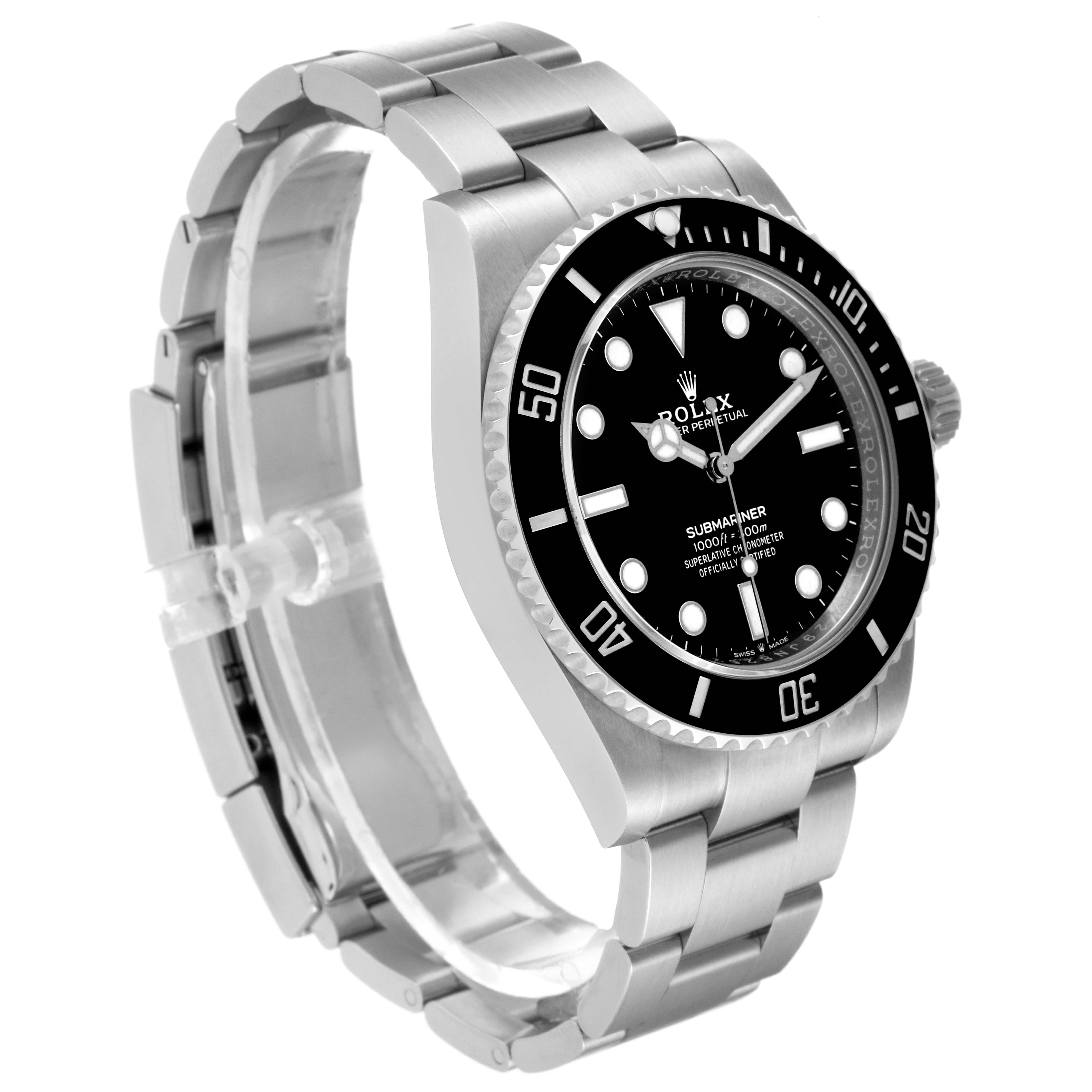 The image shows a Rolex Submariner 124060 Men
s Stainless Steel Black Dial 124060 Men
s Stainless Steel Black Dial watch at a three-quarter angle, highlighting the bracelet, case, bezel, and dial.