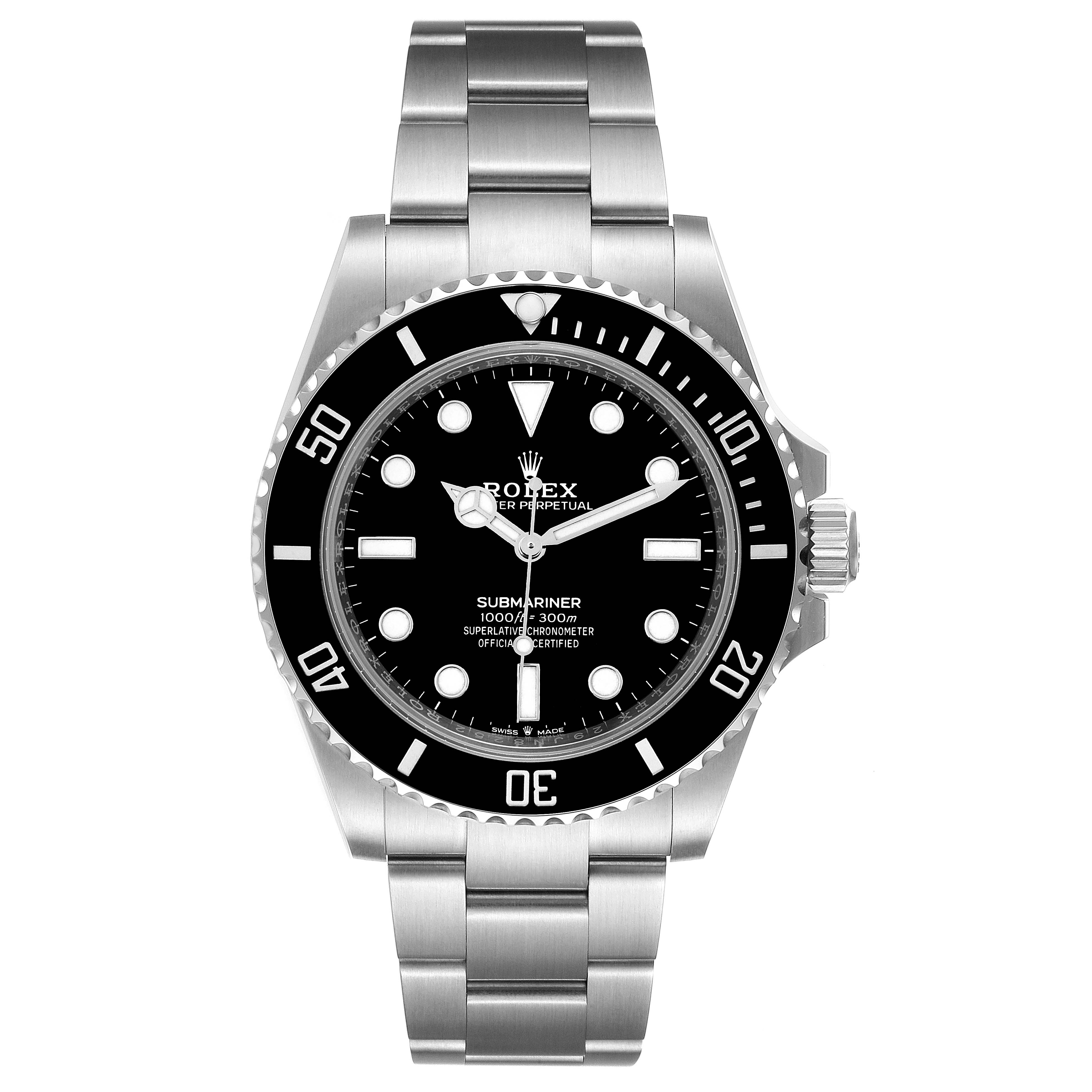 This image shows a front view of the Rolex Submariner 124060 Men
s Stainless Steel Black Dial 124060 Men
s Stainless Steel Black Dial, displaying its dial, bezel, and stainless steel bracelet.