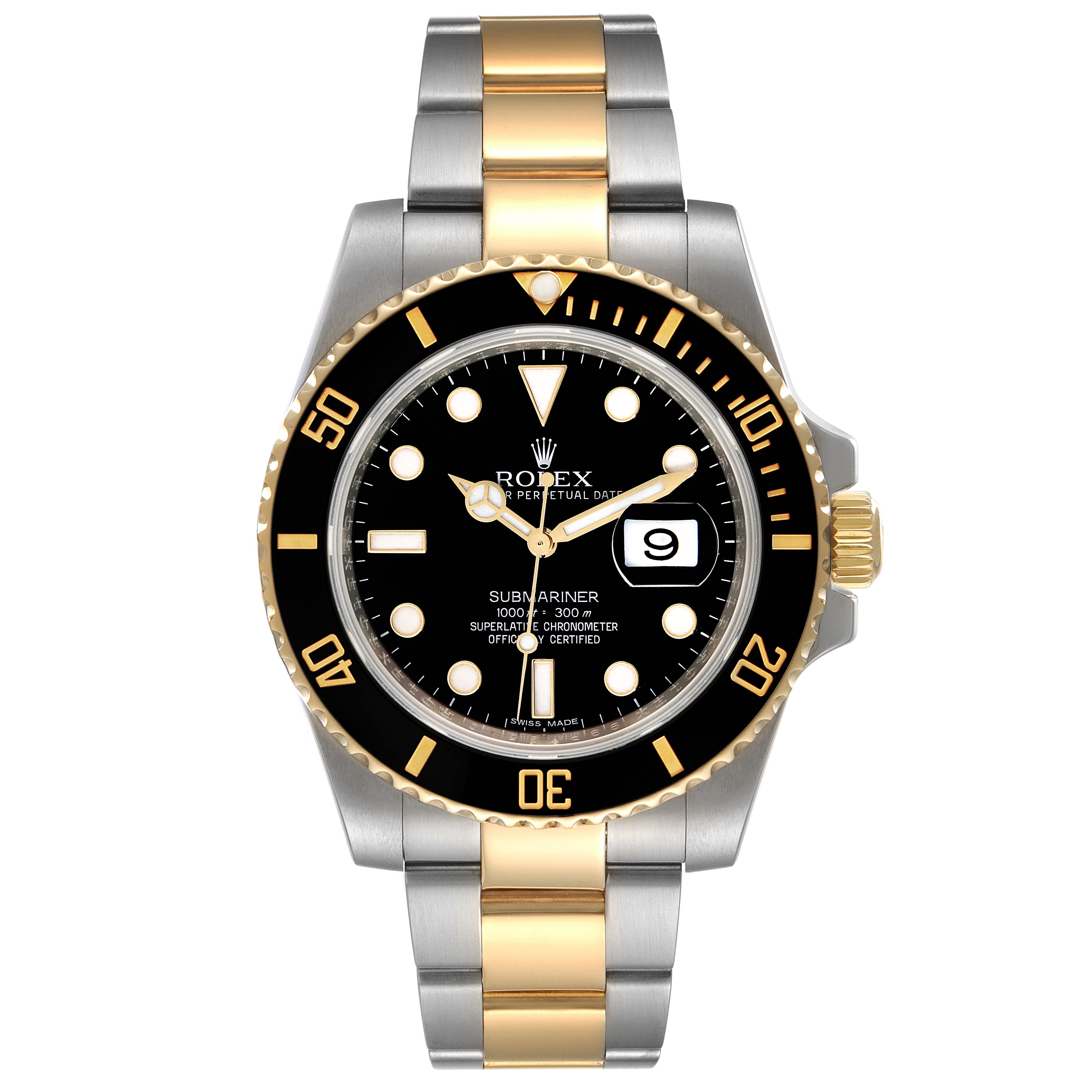 The image shows the front view of a Rolex Submariner 116613 Men's Steel and Gold (two tone) Black Dial 116613 Men's Steel and Gold (two tone) Black Dial watch, highlighting its black dial, bezel, and two-tone bracelet.