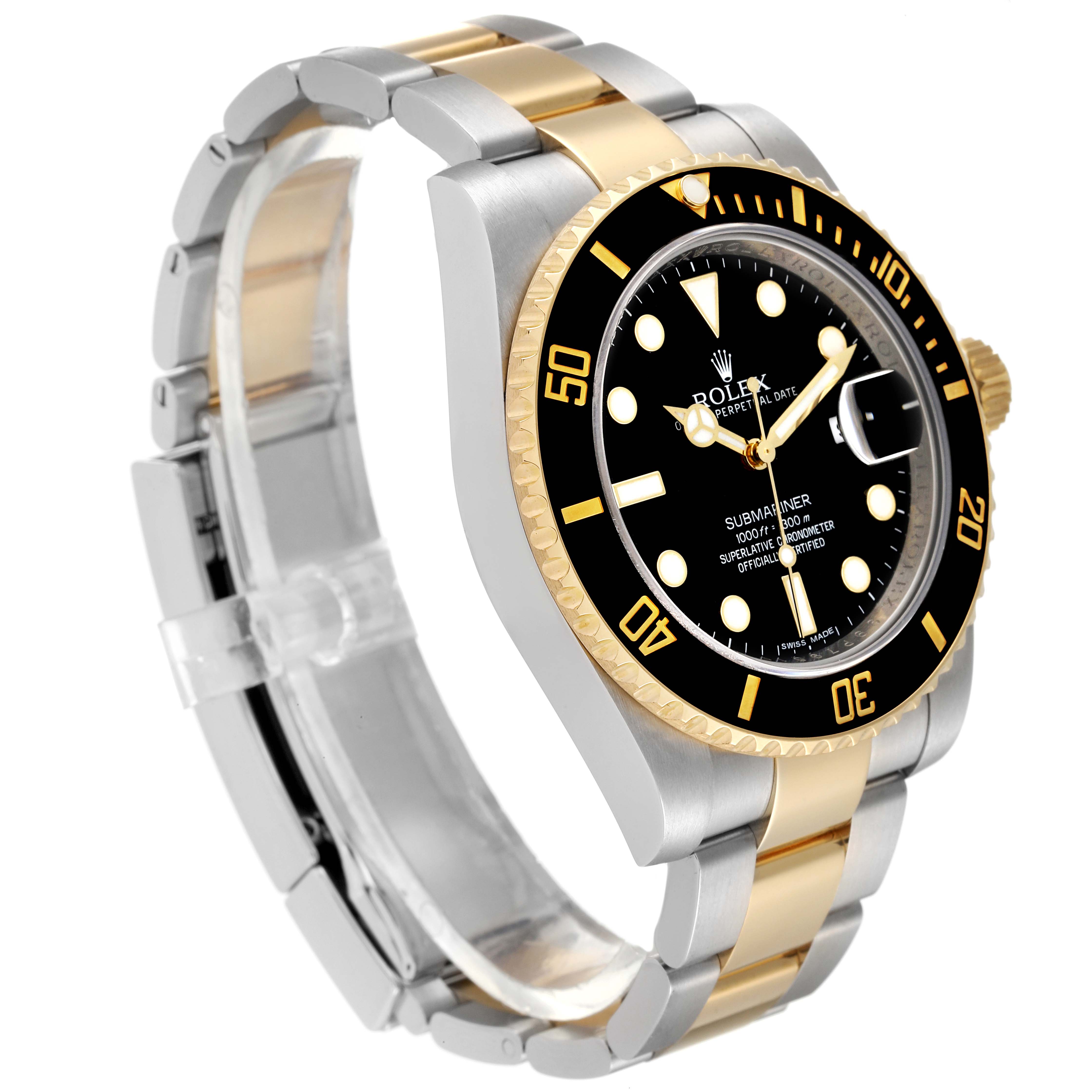 The image shows a side and front angle view of the Rolex Submariner 116613 Men's Steel and Gold (two tone) Black Dial 116613 Men's Steel and Gold (two tone) Black Dial watch, displaying the dial, bezel, crown, and bracelet.