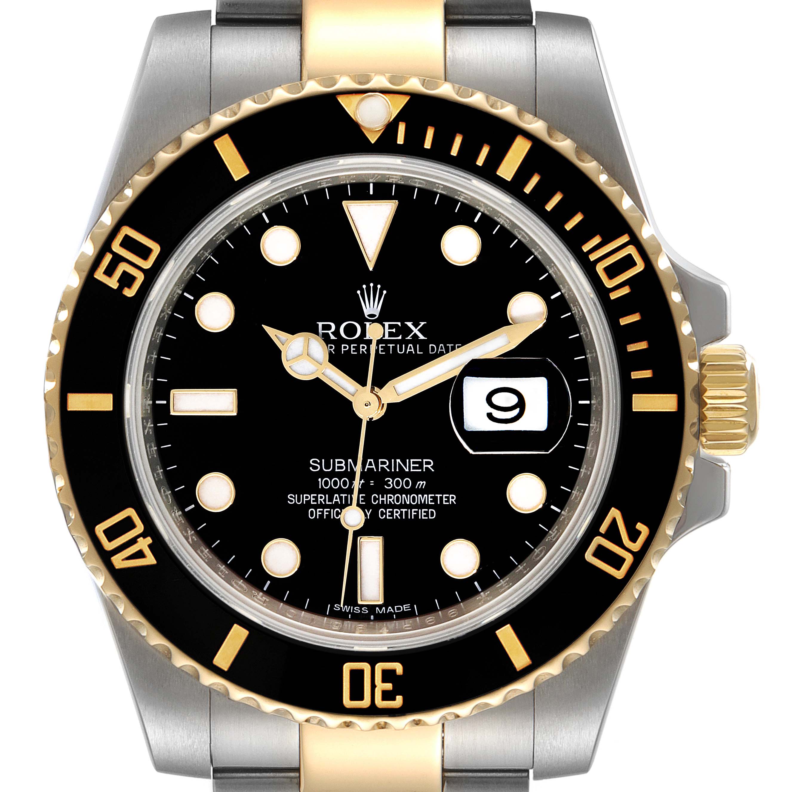 This image shows a front view of the Rolex Submariner 116613 Men's Steel and Gold (two tone) Black Dial 116613 Men's Steel and Gold (two tone) Black Dial watch, displaying its dial, bezel, and part of the bracelet.