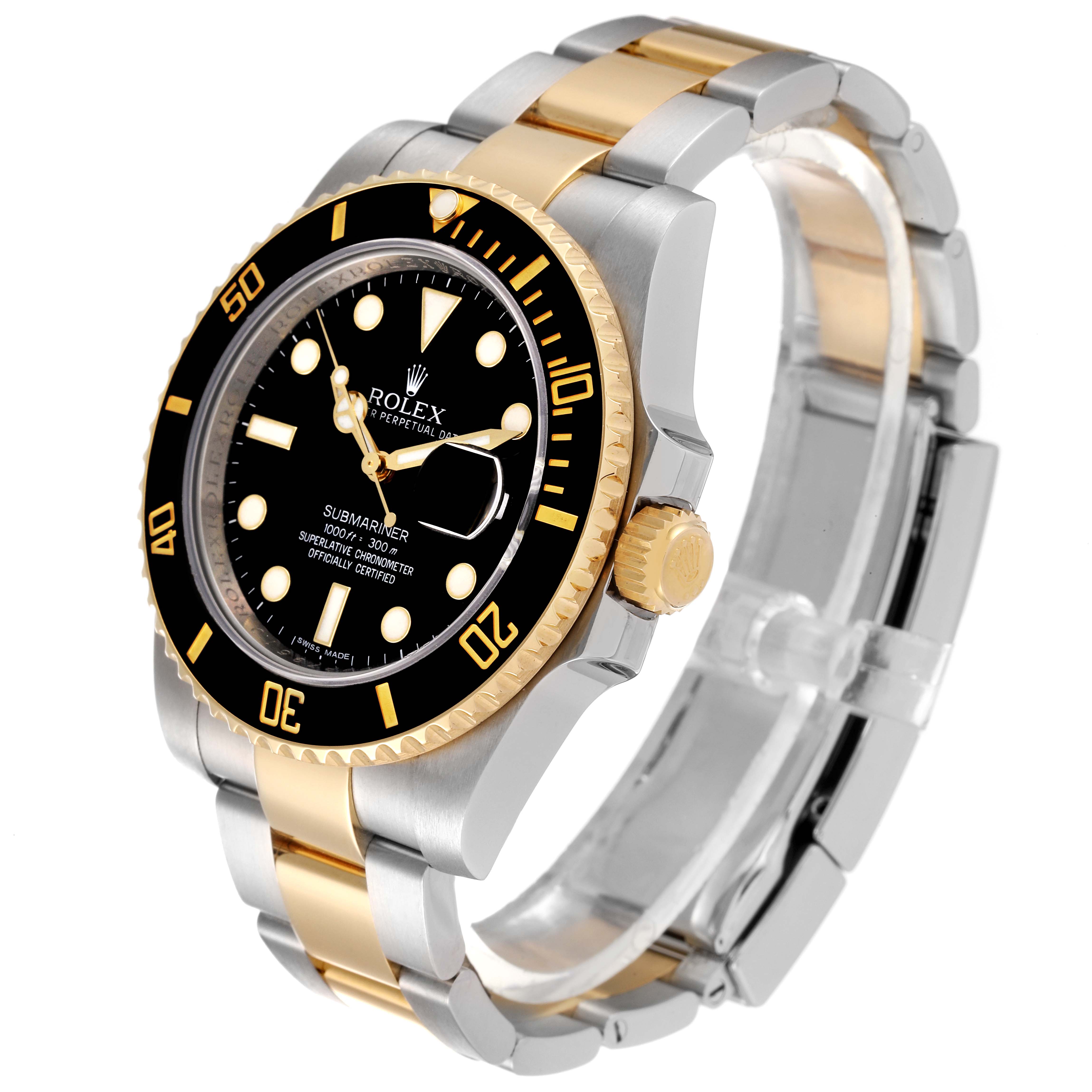 The image shows a Rolex Submariner 116613 Men's Steel and Gold (two tone) Black Dial 116613 Men's Steel and Gold (two tone) Black Dial watch at a three-quarter angle, highlighting the face, bezel, crown, and bracelet.