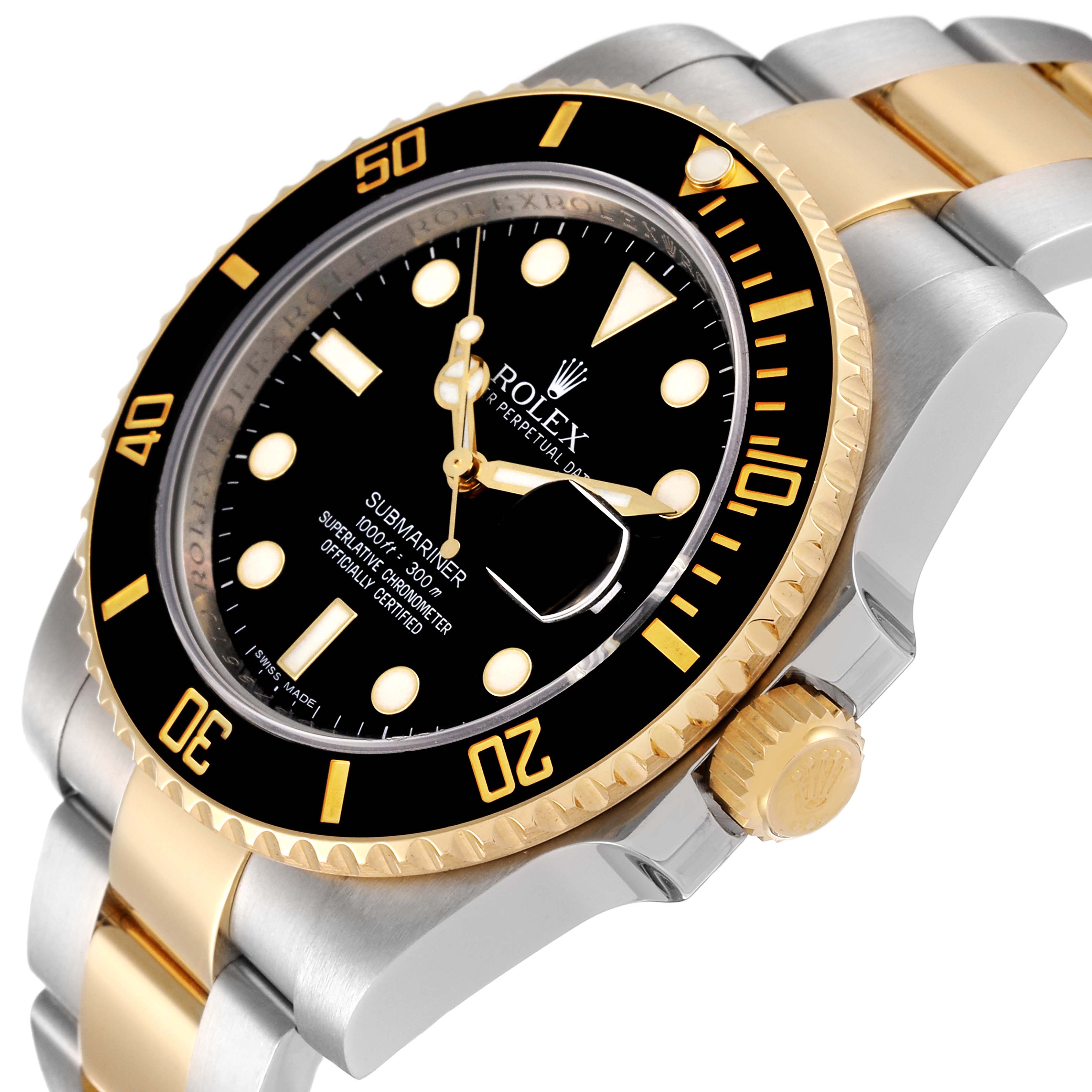 This image shows a close-up angled view of the Rolex Submariner 116613 Men's Steel and Gold (two tone) Black Dial 116613 Men's Steel and Gold (two tone) Black Dial watch, highlighting its dial, bezel, crown, and bracelet.