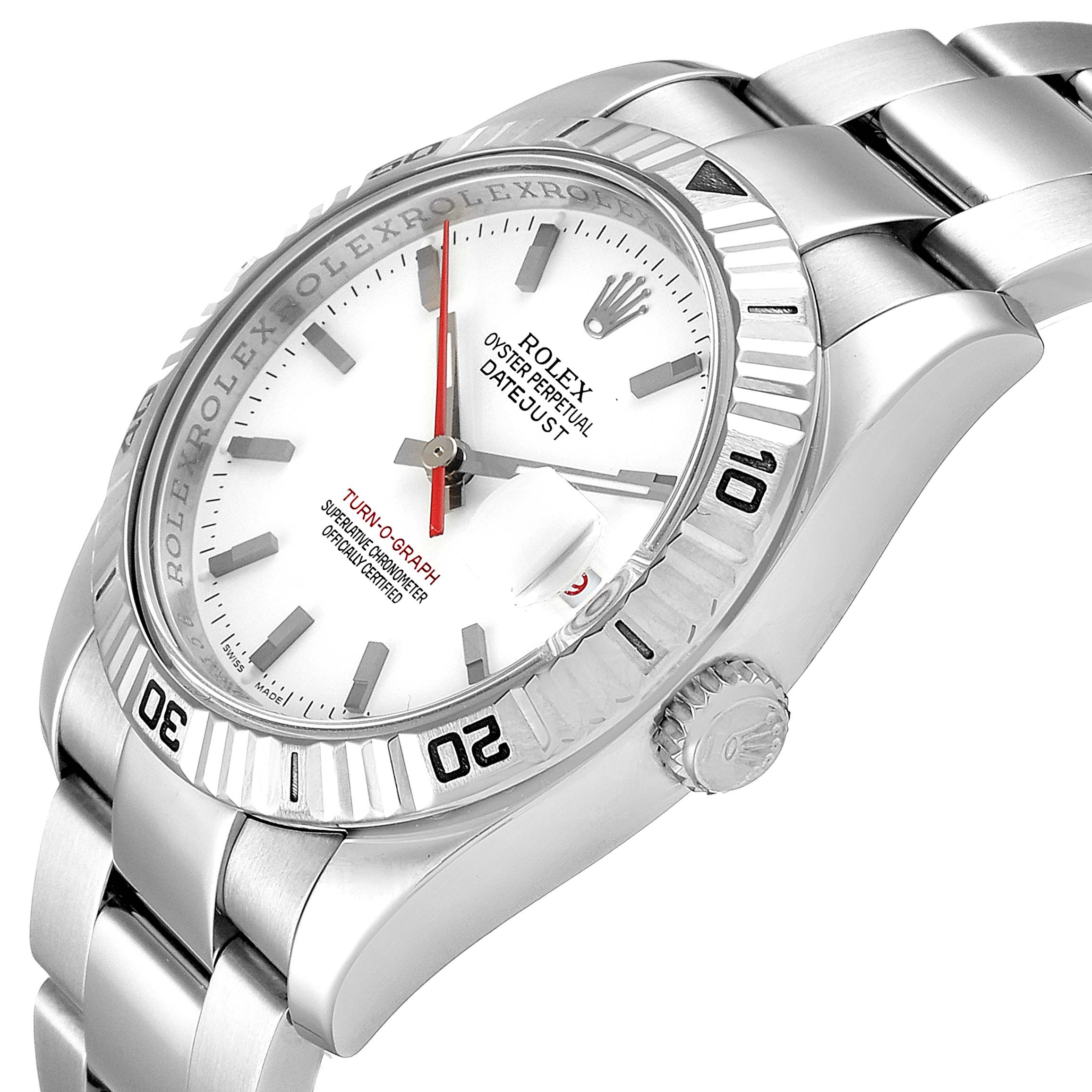 The image shows a close-up view of the Rolex Turn-o-Graph 116264 Men
s Stainless Steel White Dial 116264 Men
s Stainless Steel White Dial watch, highlighting the dial, bezel, and bracelet.