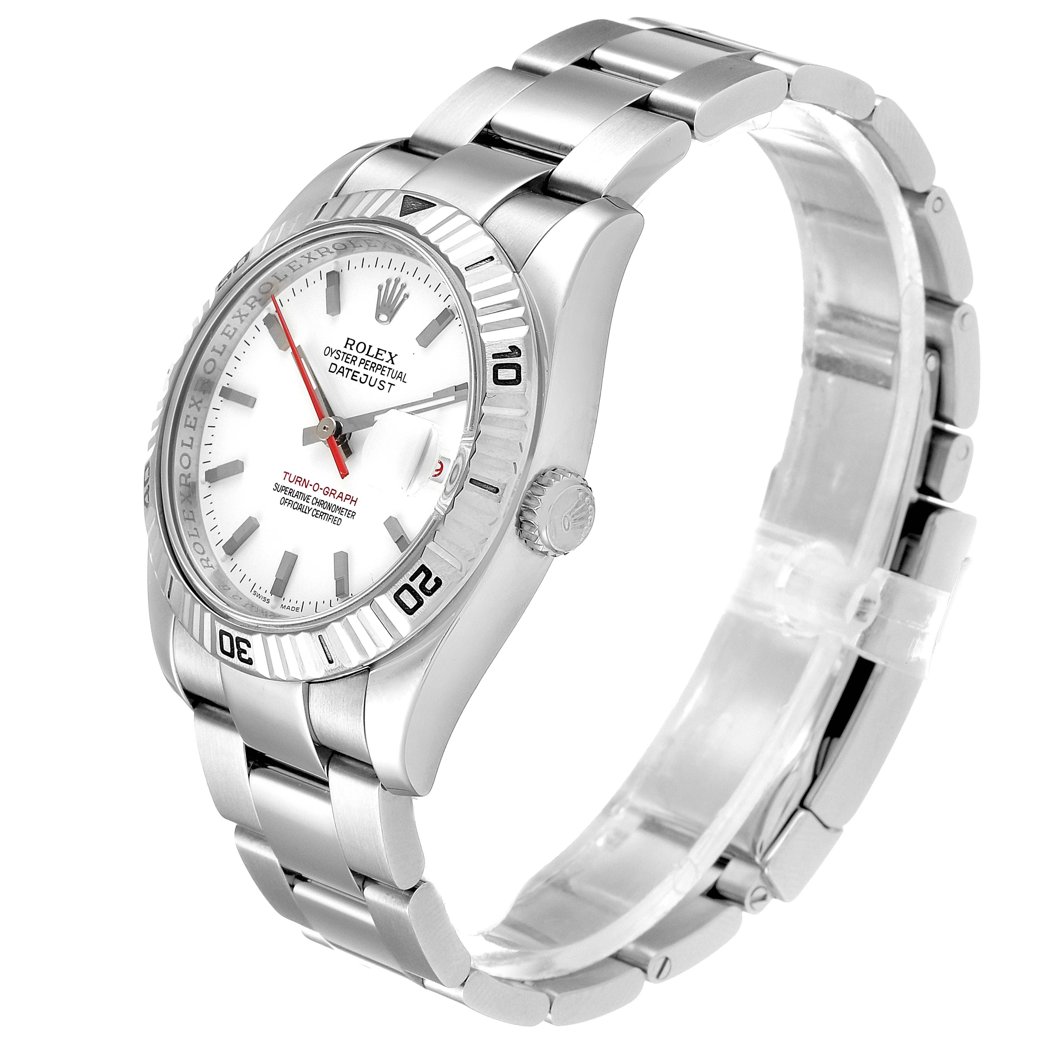 The image shows a side angle of the Rolex Turn-o-Graph 116264 Men
s Stainless Steel White Dial 116264 Men
s Stainless Steel White Dial watch, highlighting its bracelet, bezel, dial, and crown.