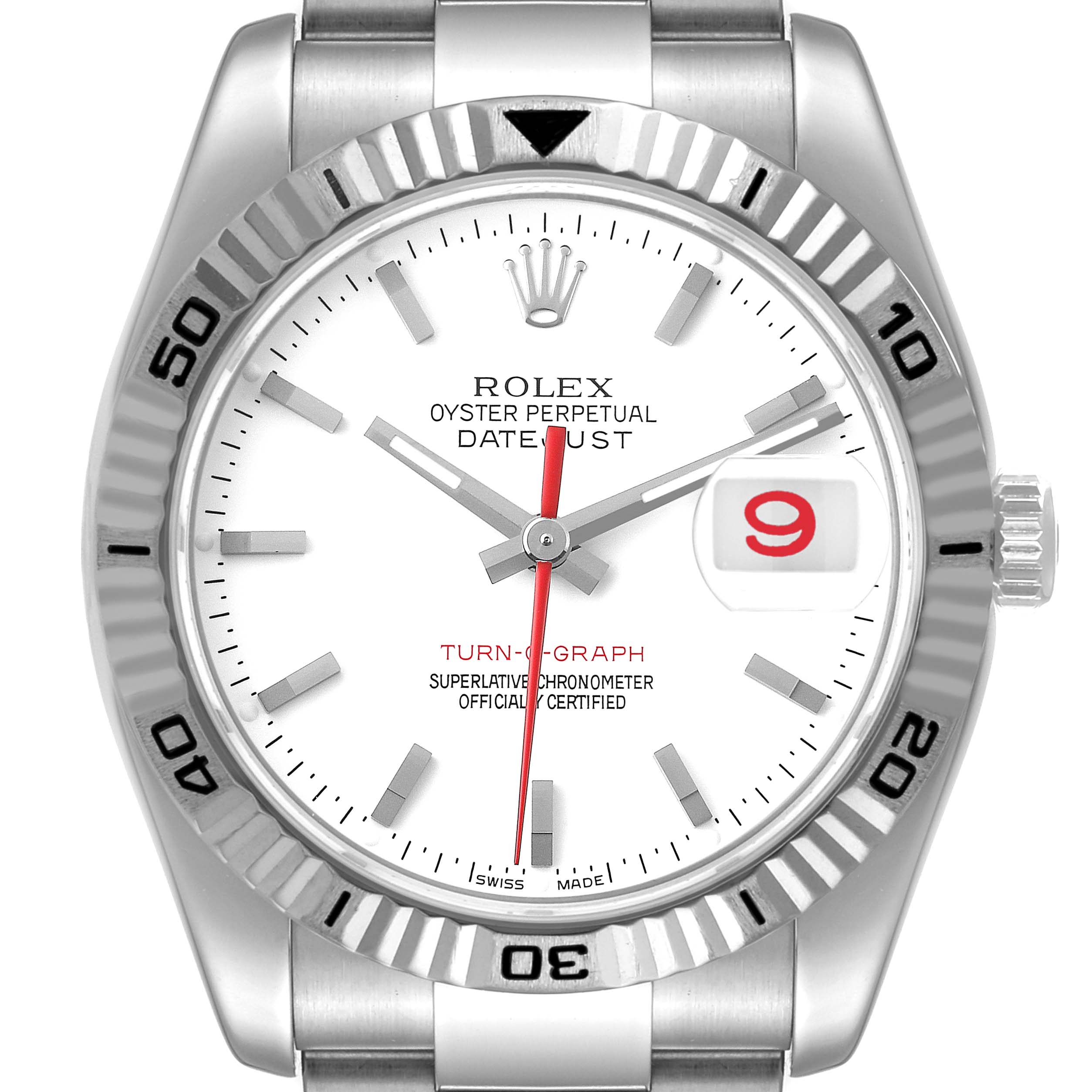 The image shows a front view of the Rolex Turn-o-Graph 116264 Men's Stainless Steel White Dial 116264 Men's Stainless Steel White Dial watch, featuring its dial, bezel, and part of the bracelet.