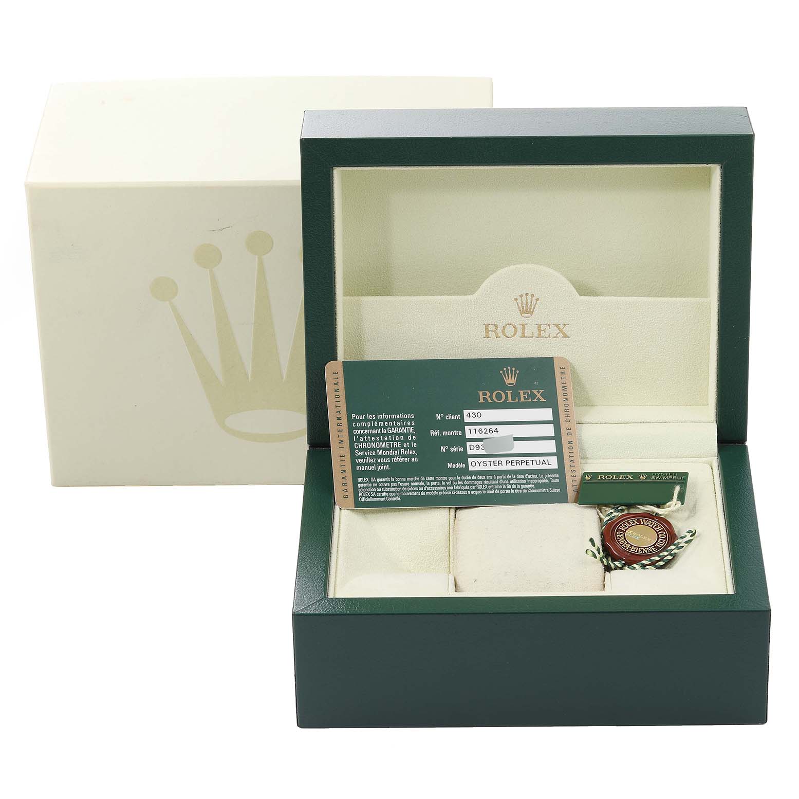 The image shows the accessories for a Rolex Turn-o-Graph 116264 Men's Stainless Steel White Dial 116264 Men's Stainless Steel White Dial, including the original box and warranty card.