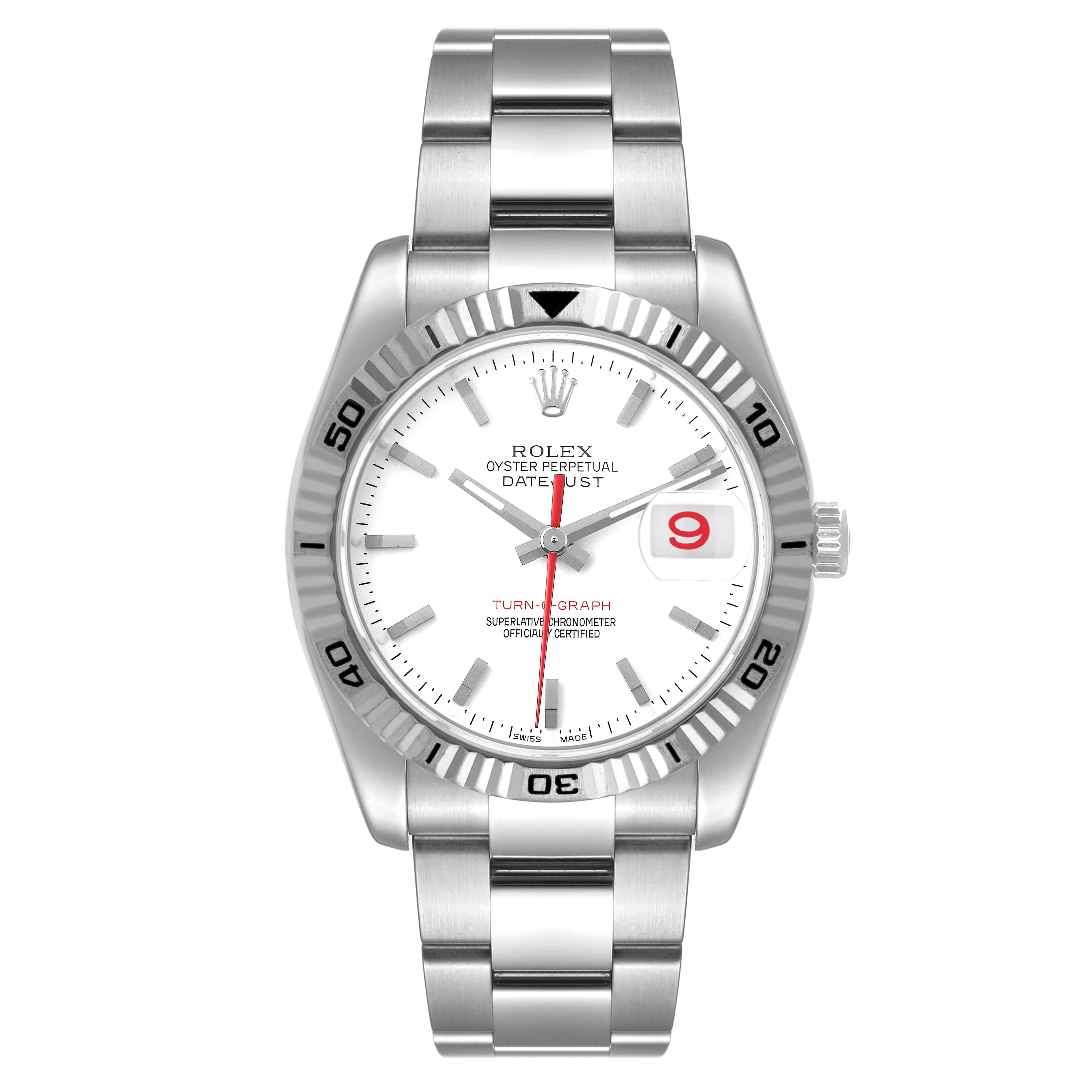 The Rolex Turn-o-Graph 116264 Men's Stainless Steel White Dial 116264 Men's Stainless Steel White Dial watch is shown from a front angle, displaying the dial, bezel, hands, and bracelet.