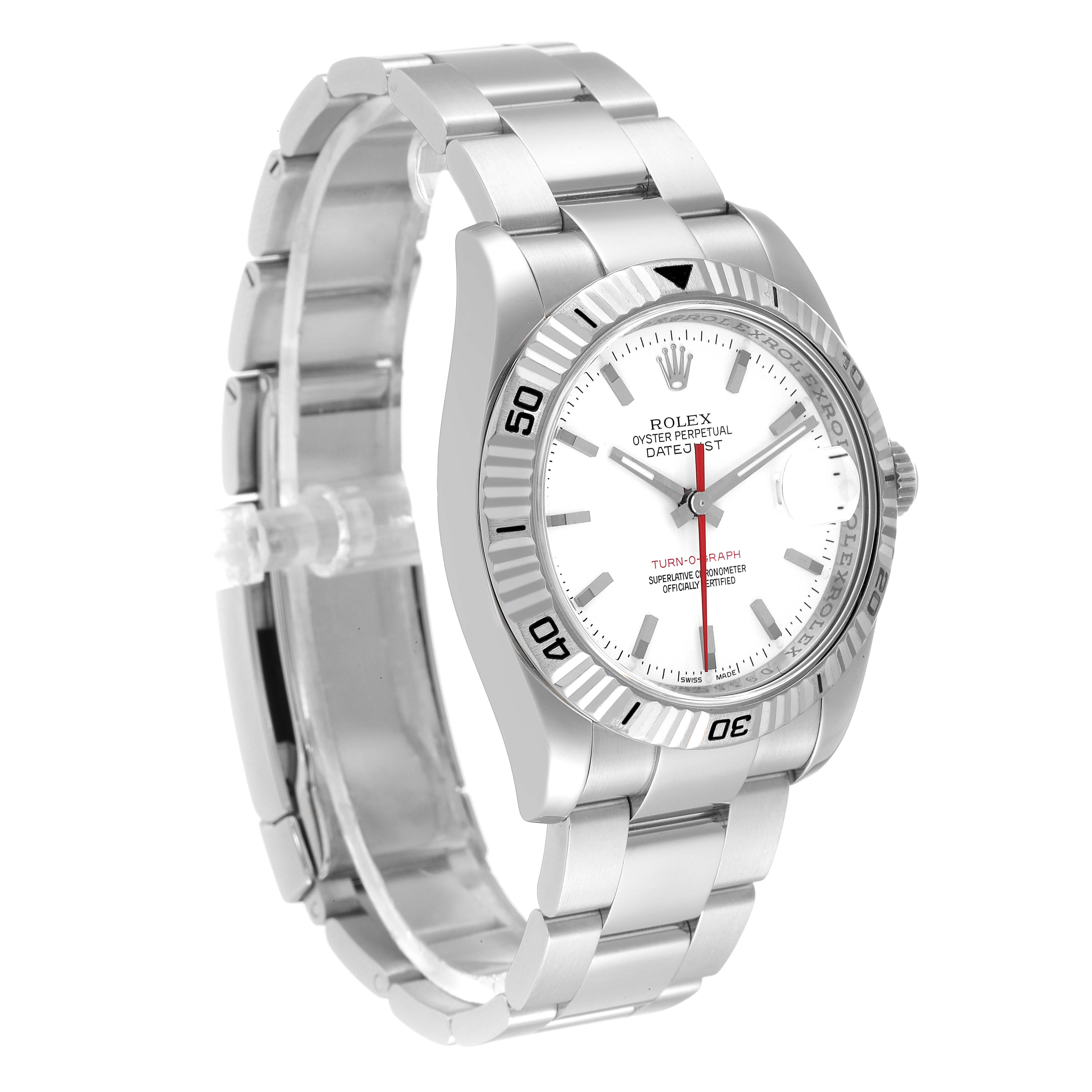The image shows a side angle of a Rolex Turn-o-Graph 116264 Men's Stainless Steel White Dial 116264 Men's Stainless Steel White Dial watch, displaying the face, bezel, and bracelet.