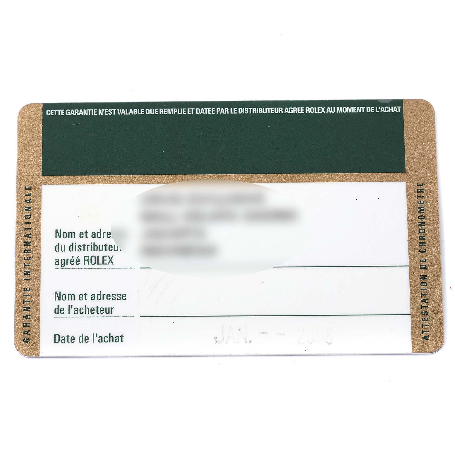 This image shows a Rolex Turn-o-Graph 116264 Men's Stainless Steel White Dial 116264 Men's Stainless Steel White Dial model warranty card from an overhead angle, displaying the guarantee information.