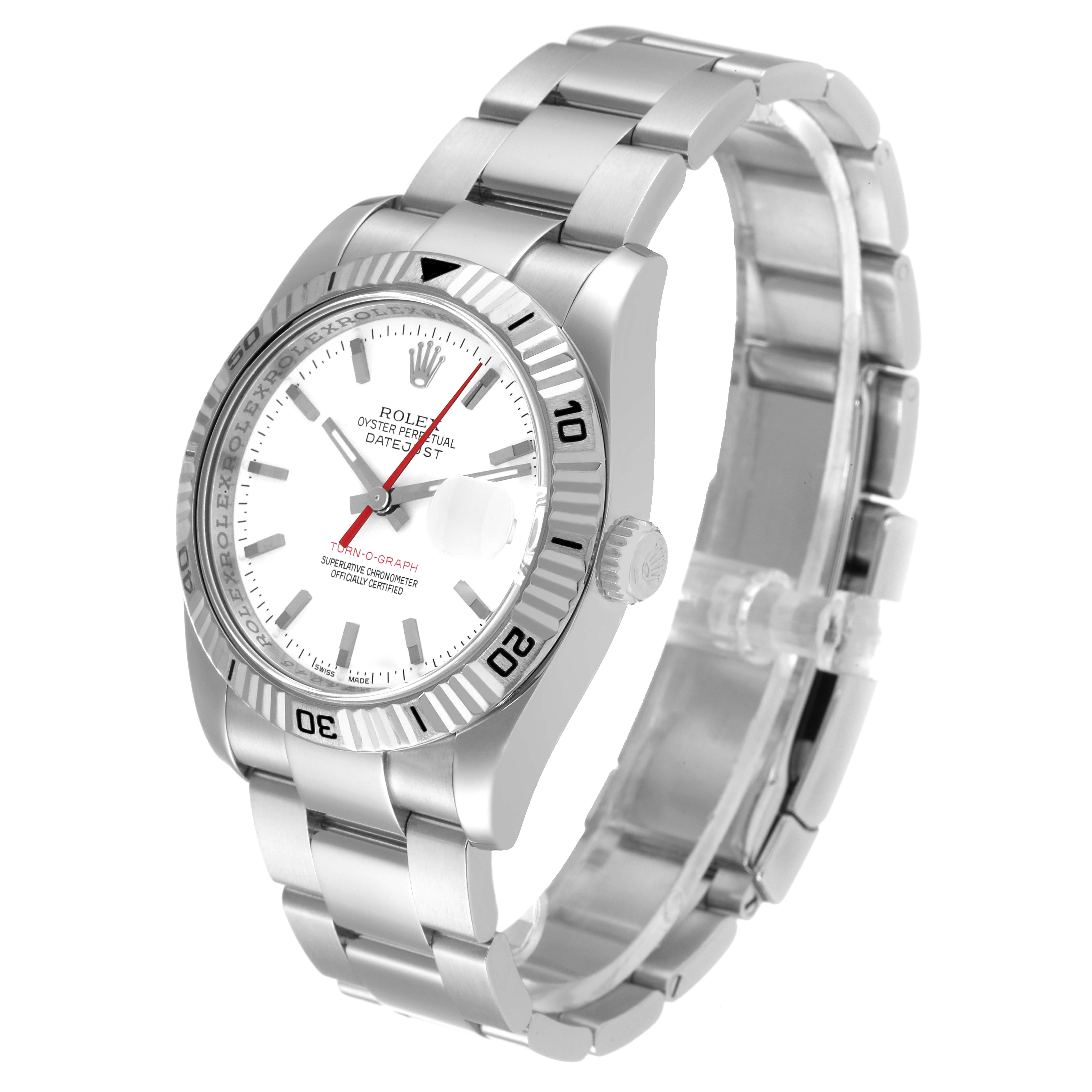The Rolex Turn-o-Graph 116264 Men's Stainless Steel White Dial 116264 Men's Stainless Steel White Dial watch is shown at a 3/4 angle, highlighting its face, bezel, crown, and metal bracelet.