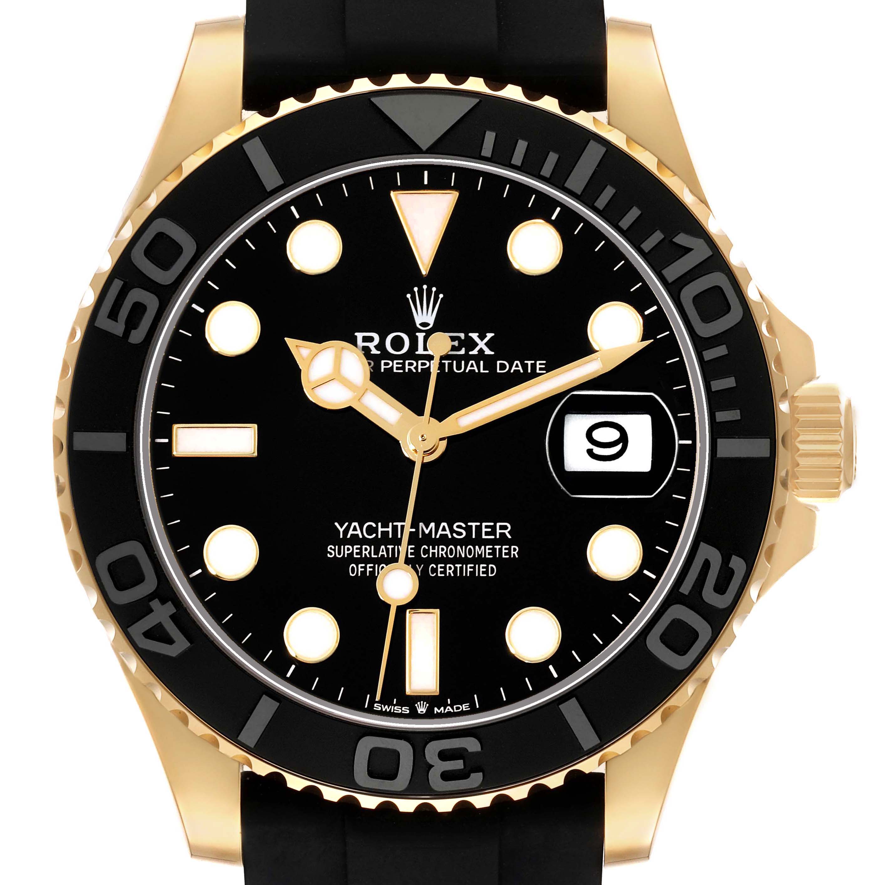 The Rolex Yacht-Master 226658 Men's Yellow Gold Black Dial watch is shown from a front angle, highlighting the face, bezel, and crown.