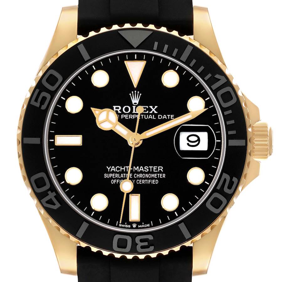 The Rolex Yacht-Master 226658 Men's Yellow Gold Black Dial watch is shown from a front angle, highlighting the face, bezel, and crown.