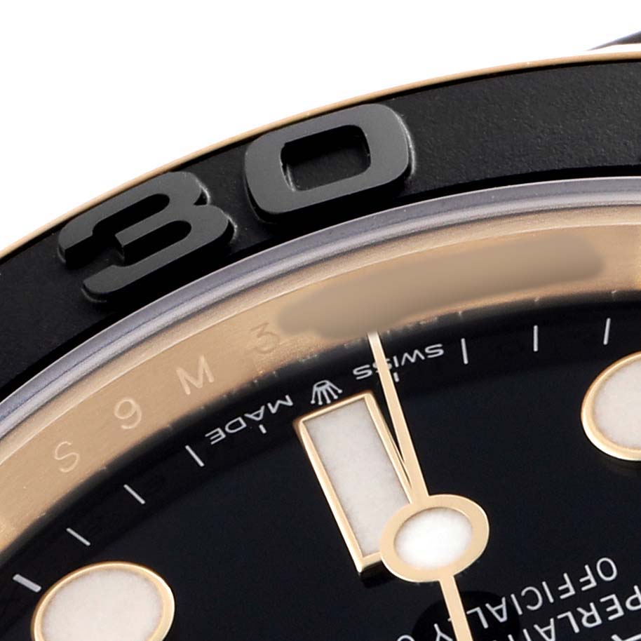 The image shows a close-up angle of the Rolex Yacht-Master 226658 Men's Yellow Gold Black Dial watch bezel and dial section, highlighting the number "30."