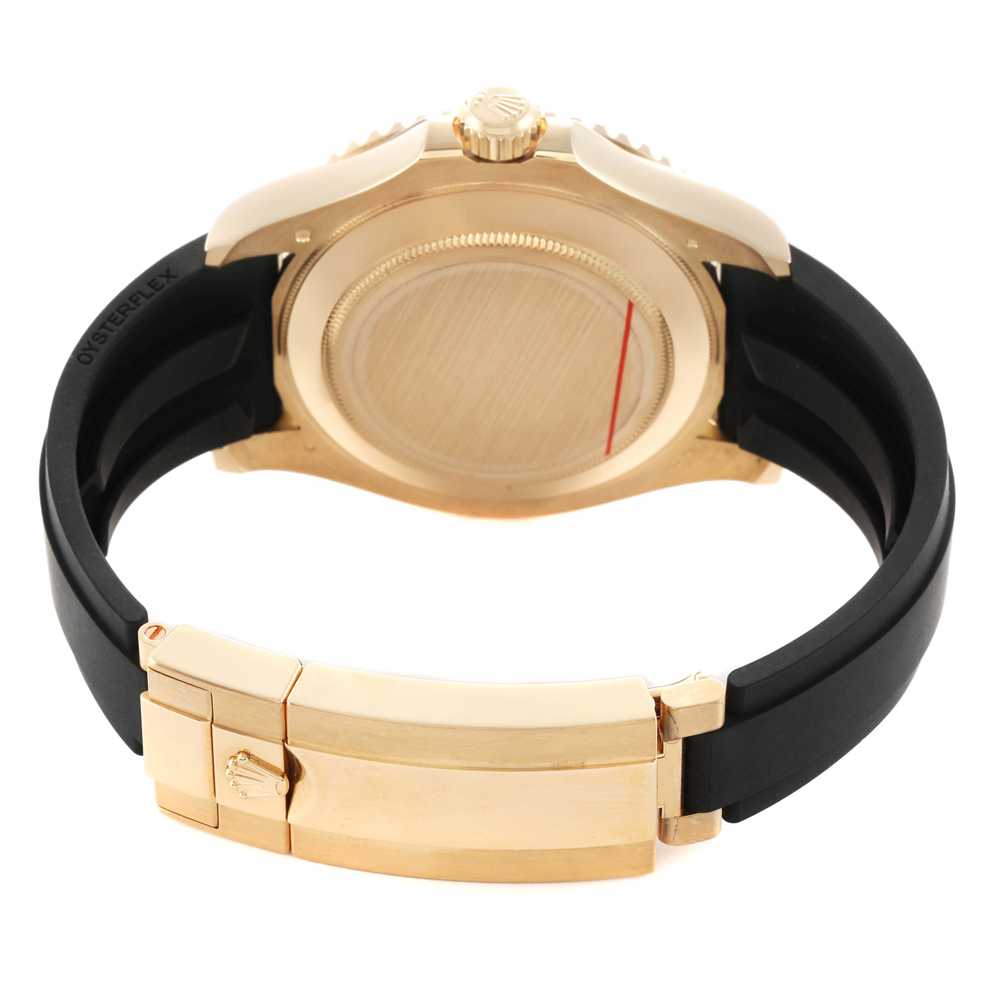 The image shows the backside of the Rolex Yacht-Master 226658 Men's Yellow Gold Black Dial watch, highlighting the case back, crown, and clasp of the bracelet.