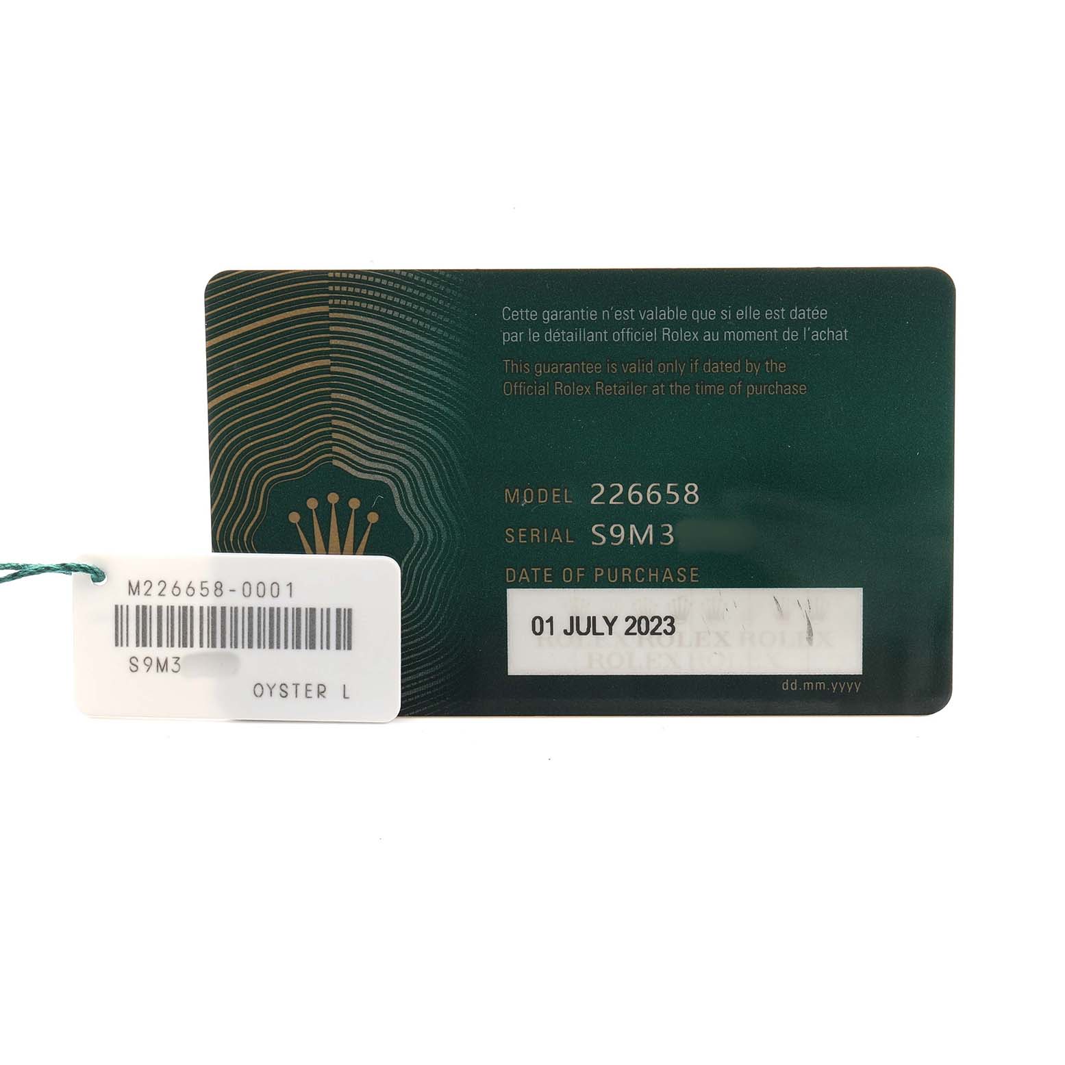 The image shows a warranty card and tag for a Rolex Yacht-Master 226658 Men's Yellow Gold Black Dial watch, including its model, serial number, and date of purchase.