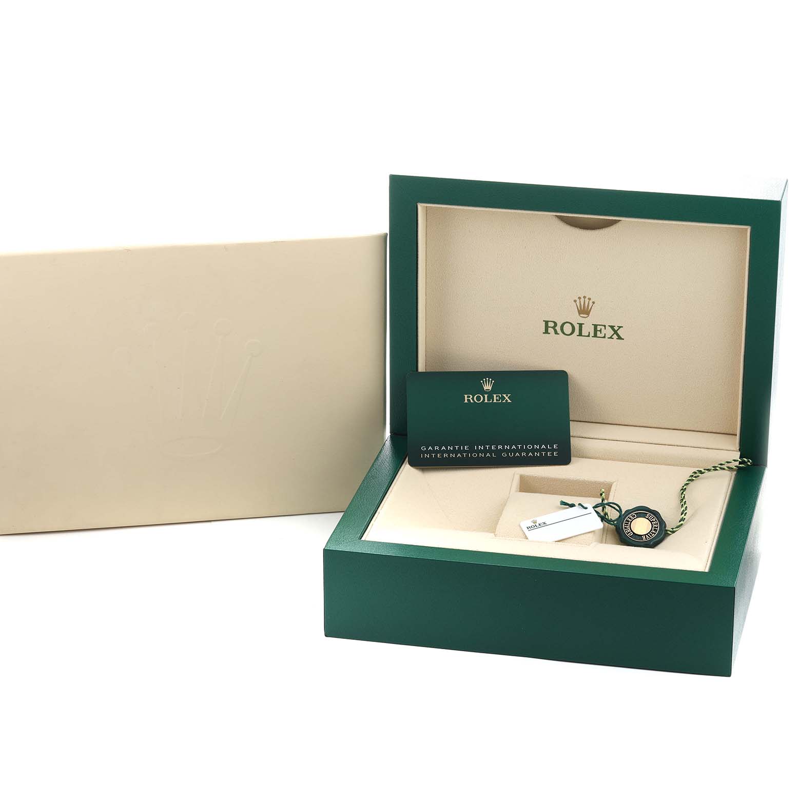 The image shows a Rolex Yacht-Master 226658 Men's Yellow Gold Black Dial watch box, warranty card, and tags from a top-front angle.