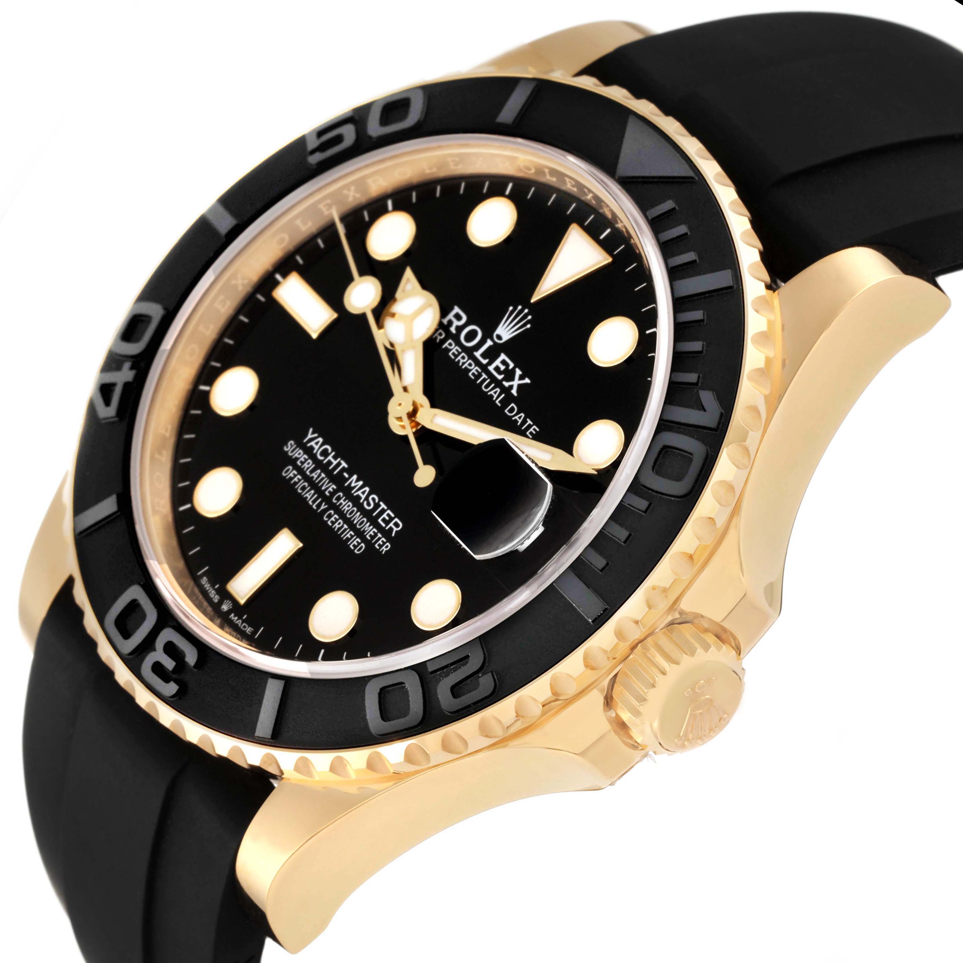 The Rolex Yacht-Master 226658 Men's Yellow Gold Black Dial watch is shown at an oblique angle, highlighting the bezel, dial, and crown.