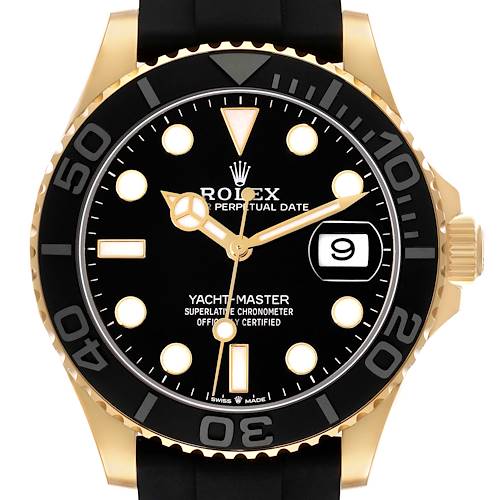 The Rolex Yacht-Master 226658 Men's Yellow Gold Black Dial watch is shown from the front, highlighting its black dial, bezel, and gold accents.