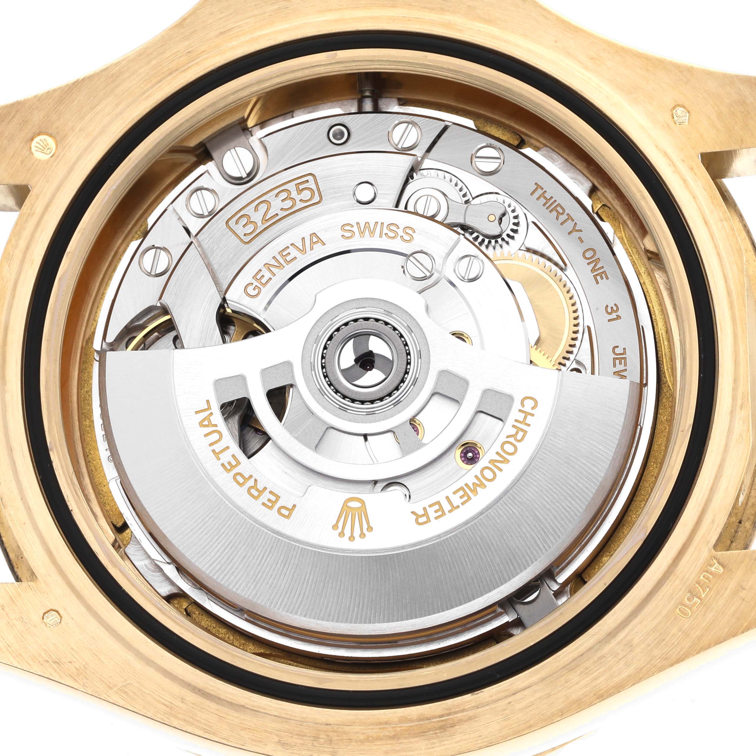 The image shows the movement mechanism of a Rolex Yacht-Master 226658 Men's Yellow Gold Black Dial watch from the back.