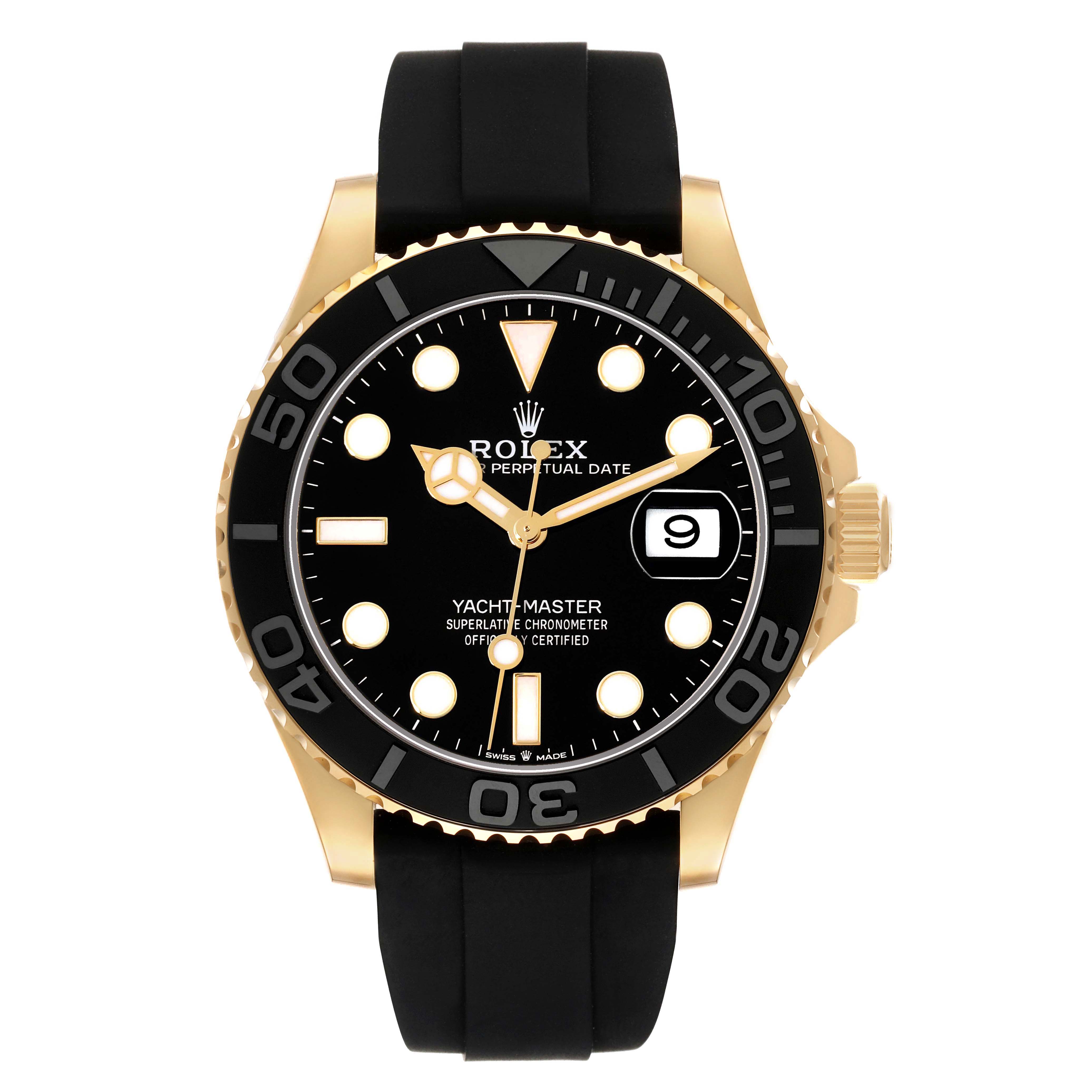 The Rolex Yacht-Master 226658 Men's Yellow Gold Black Dial watch is shown from a front angle, featuring the dial, bezel, and black strap.