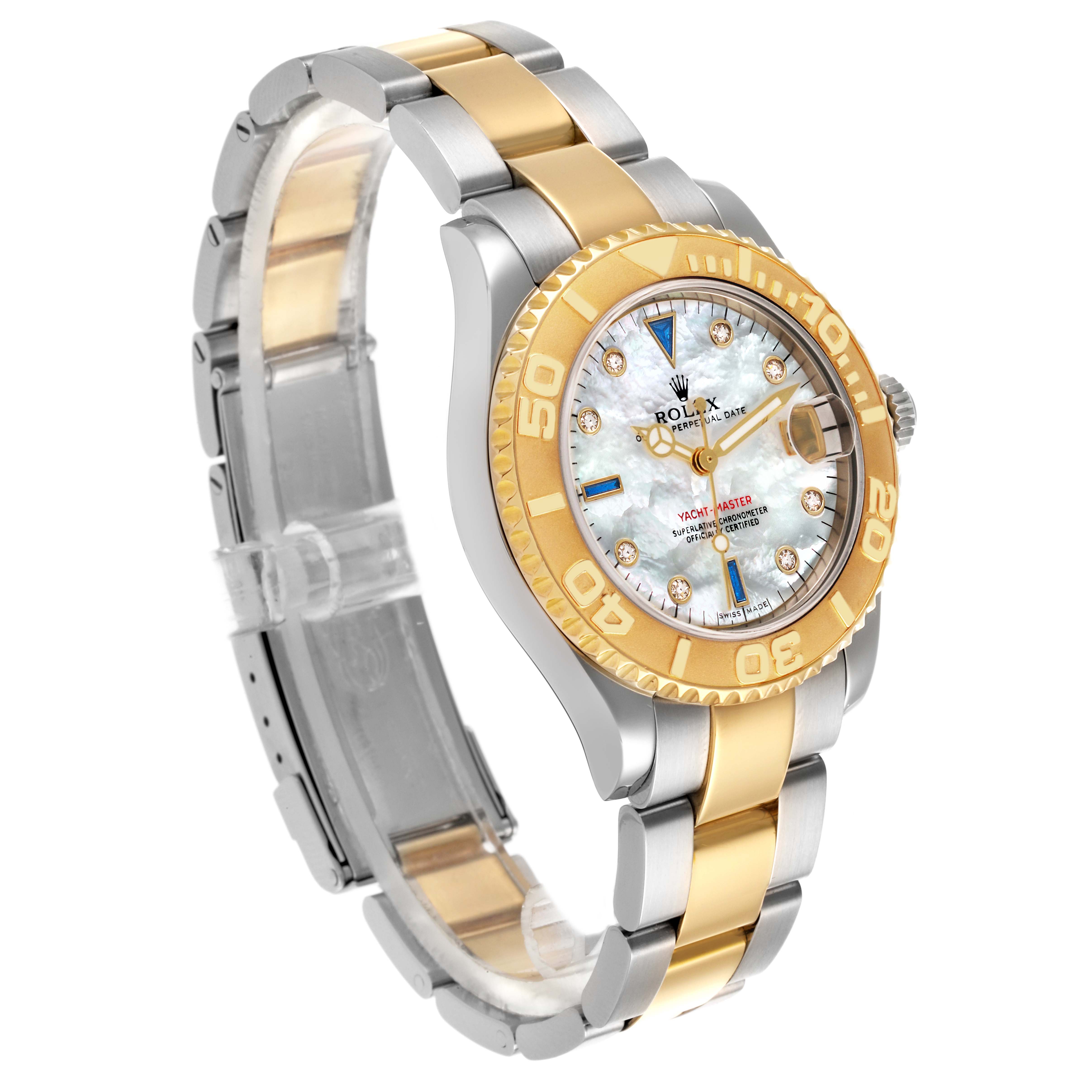 The Rolex Yacht-Master 168623 Men's Steel and Gold (two tone) Mother of Pearl Dial 168623 Men's Steel and Gold (two tone) Mother of Pearl Dial watch is shown at a three-quarter angle, highlighting the face, bezel, and bracelet.