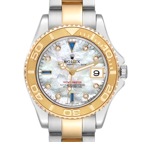 The Rolex Yacht-Master watch is shown from a front angle, highlighting the dial, bezel, and bracelet.