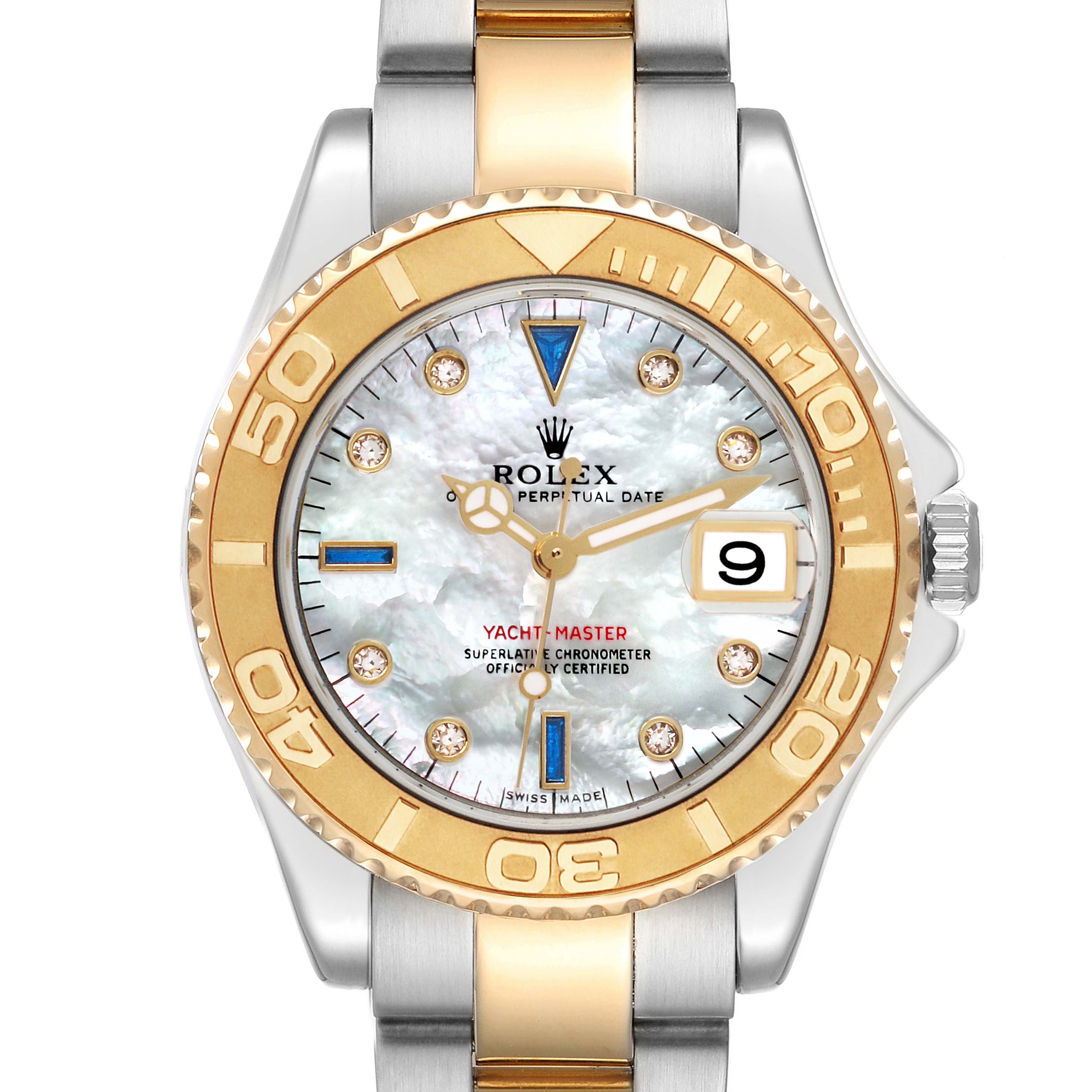 The image shows a front view of the Rolex Yacht-Master 168623 Men's Steel and Gold (two tone) Mother of Pearl Dial 168623 Men's Steel and Gold (two tone) Mother of Pearl Dial watch, highlighting its bezel, dial, and bracelet.