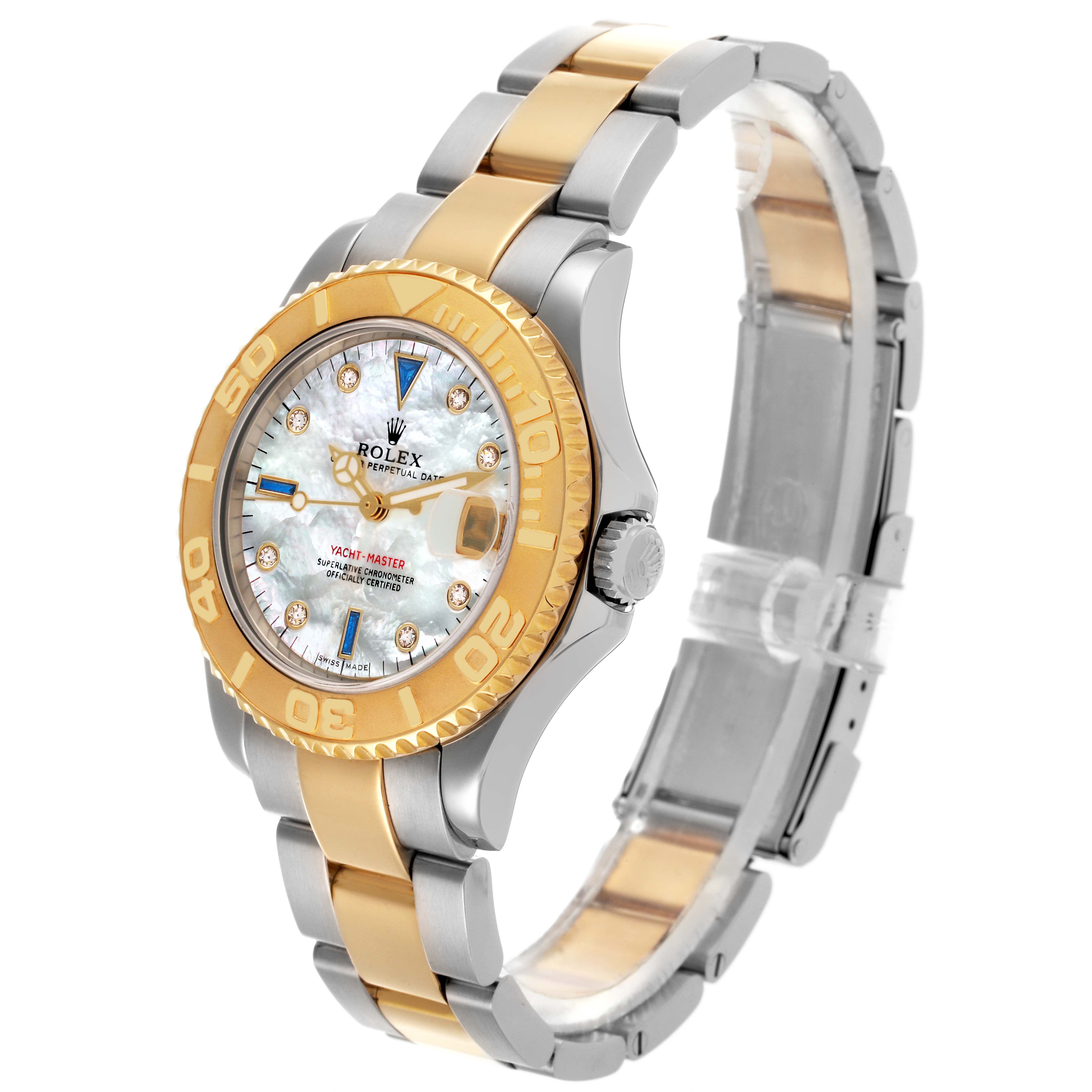 The Rolex Yacht-Master 168623 Men's Steel and Gold (two tone) Mother of Pearl Dial 168623 Men's Steel and Gold (two tone) Mother of Pearl Dial watch is shown at a slight angle, displaying the bezel, dial, and two-tone bracelet.