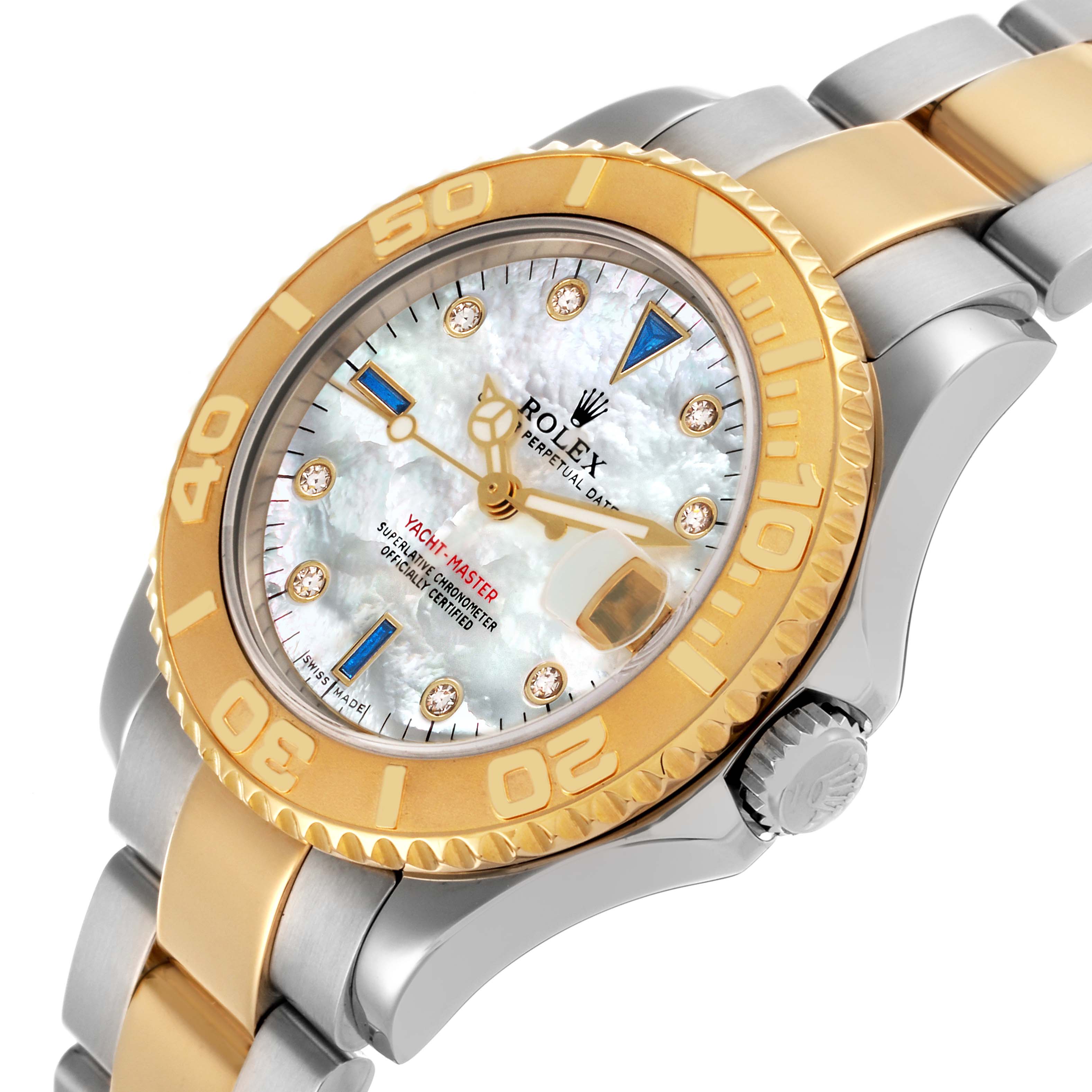 The Rolex Yacht-Master 168623 Men's Steel and Gold (two tone) Mother of Pearl Dial 168623 Men's Steel and Gold (two tone) Mother of Pearl Dial watch is shown at an angle highlighting the bezel, face, crown, and part of the bracelet.