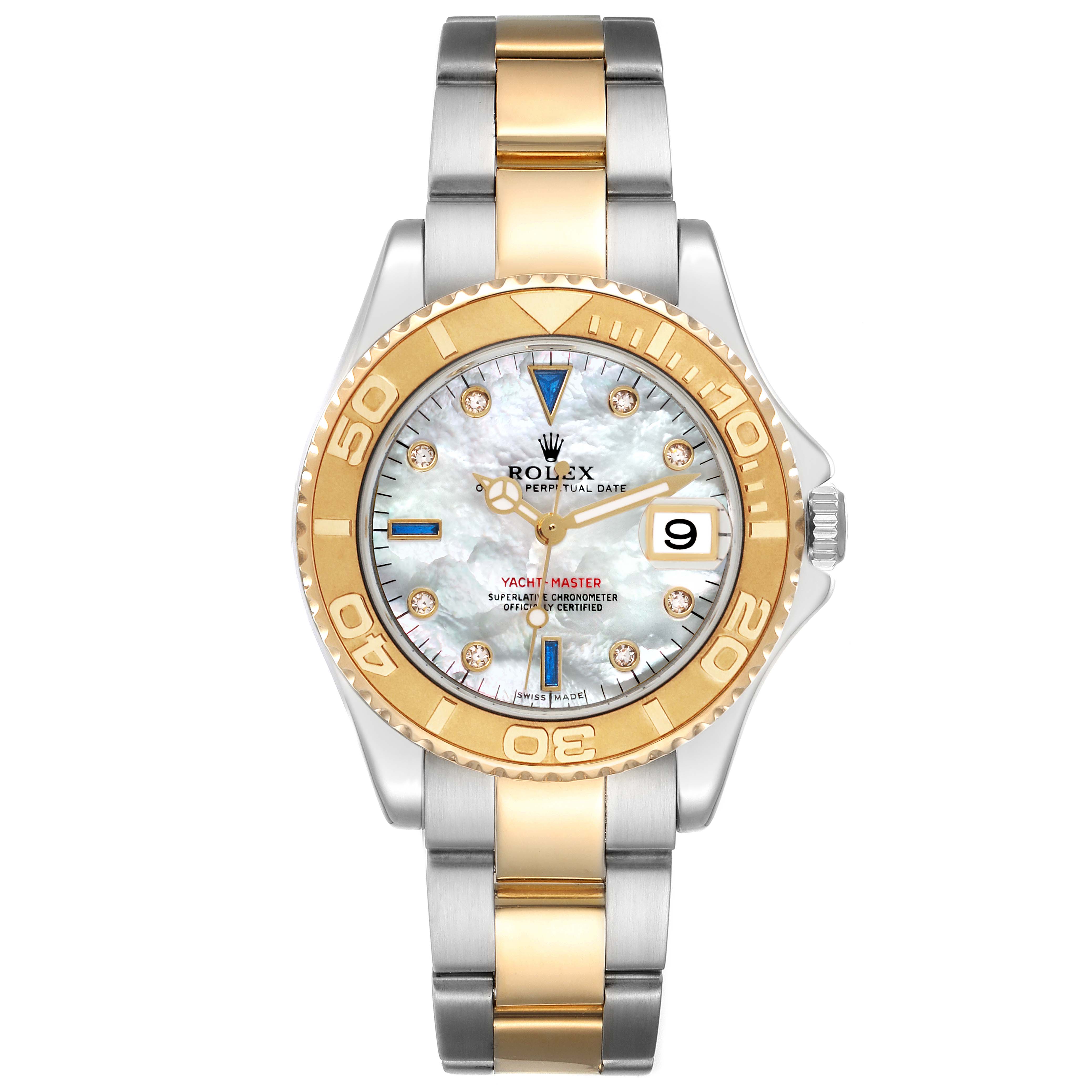 The Rolex Yacht-Master 168623 Men's Steel and Gold (two tone) Mother of Pearl Dial 168623 Men's Steel and Gold (two tone) Mother of Pearl Dial watch is shown from the front, highlighting the dial, bezel, and bracelet.