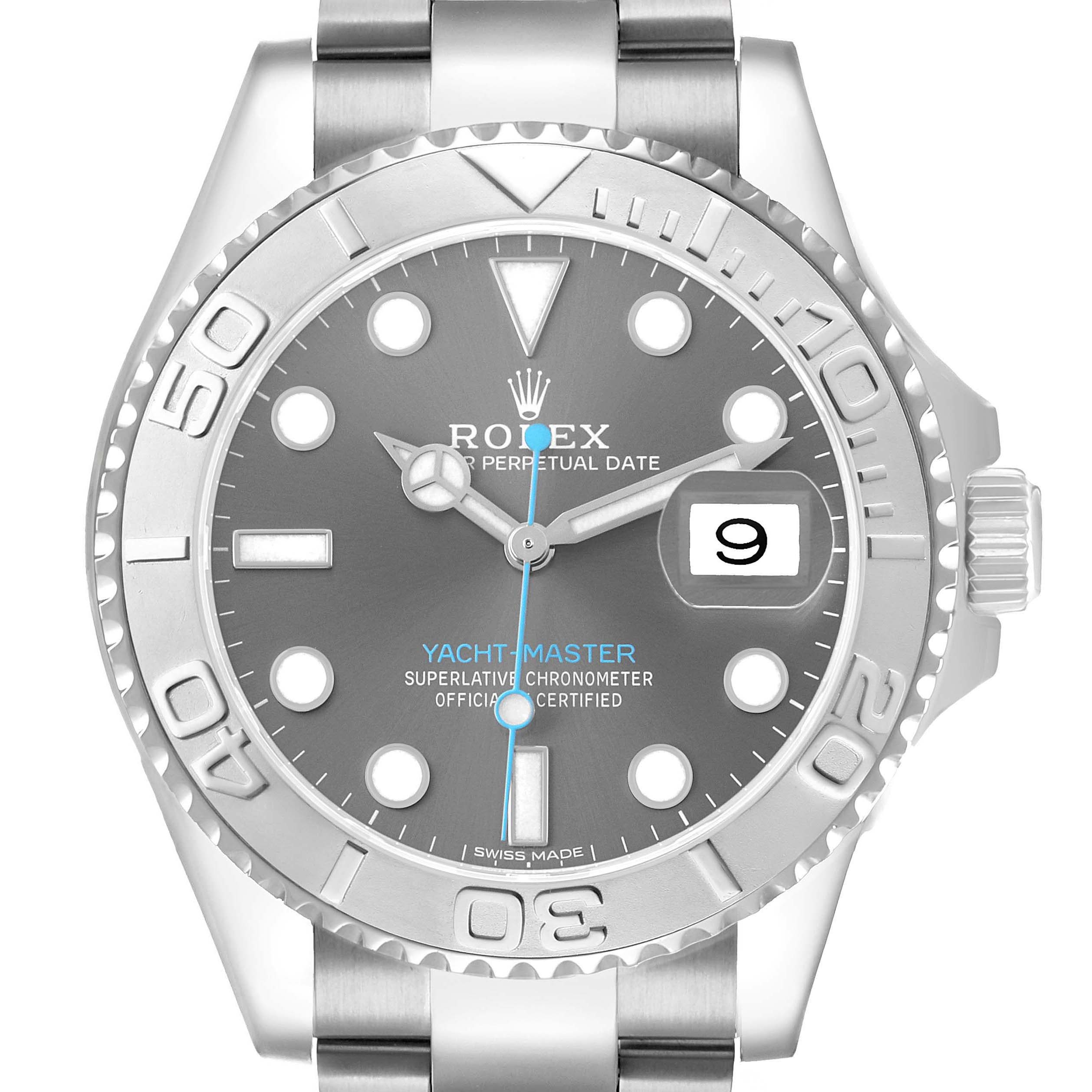 The Rolex Yacht-Master 116622 Men's Stainless Steel Silver Dial watch is shown from a front angle, highlighting the gray dial, bezel, date window, and part of the bracelet.