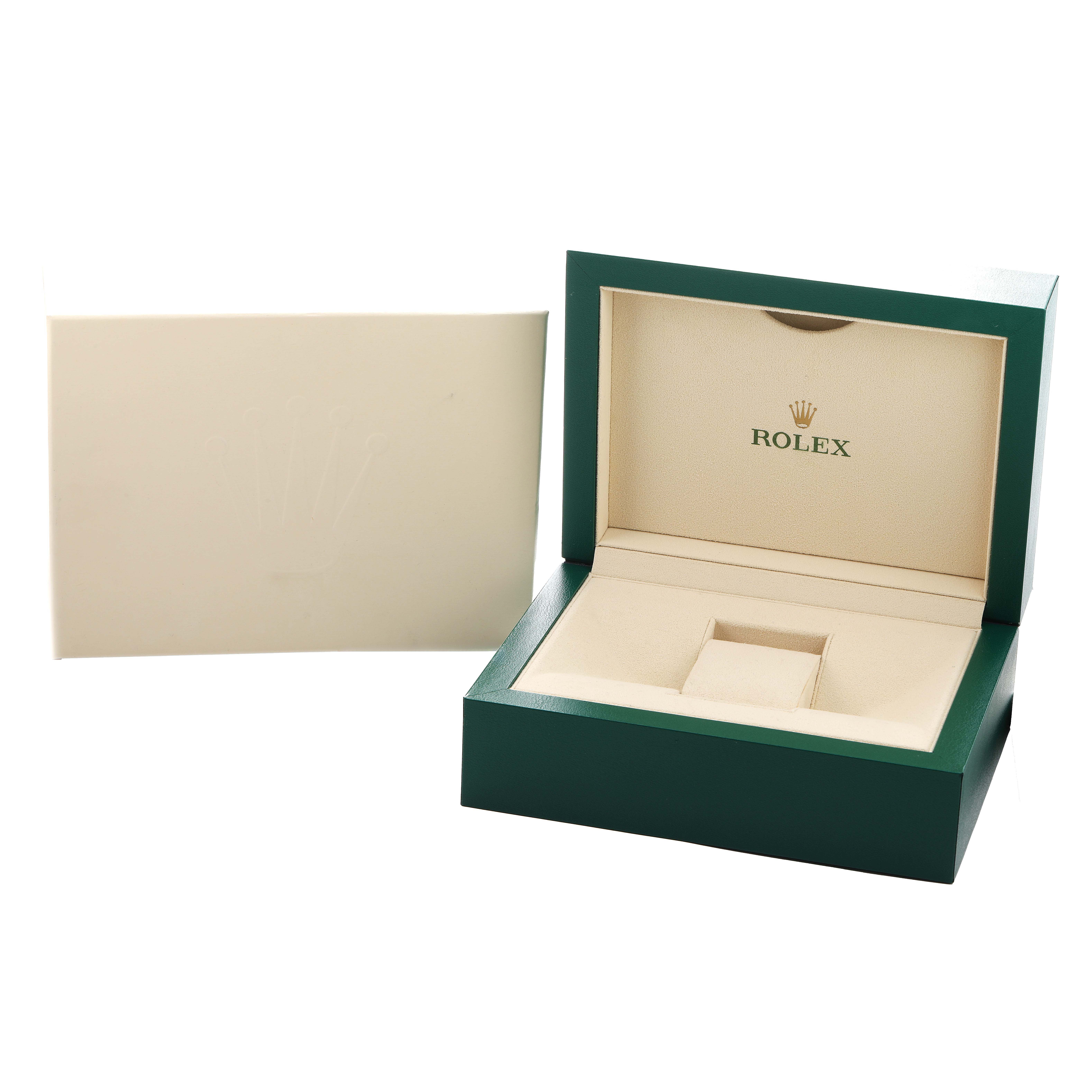 The image shows an open Rolex Yacht-Master 116622 Men's Stainless Steel Silver Dial watch box with a cream interior and a green exterior from a front angle.