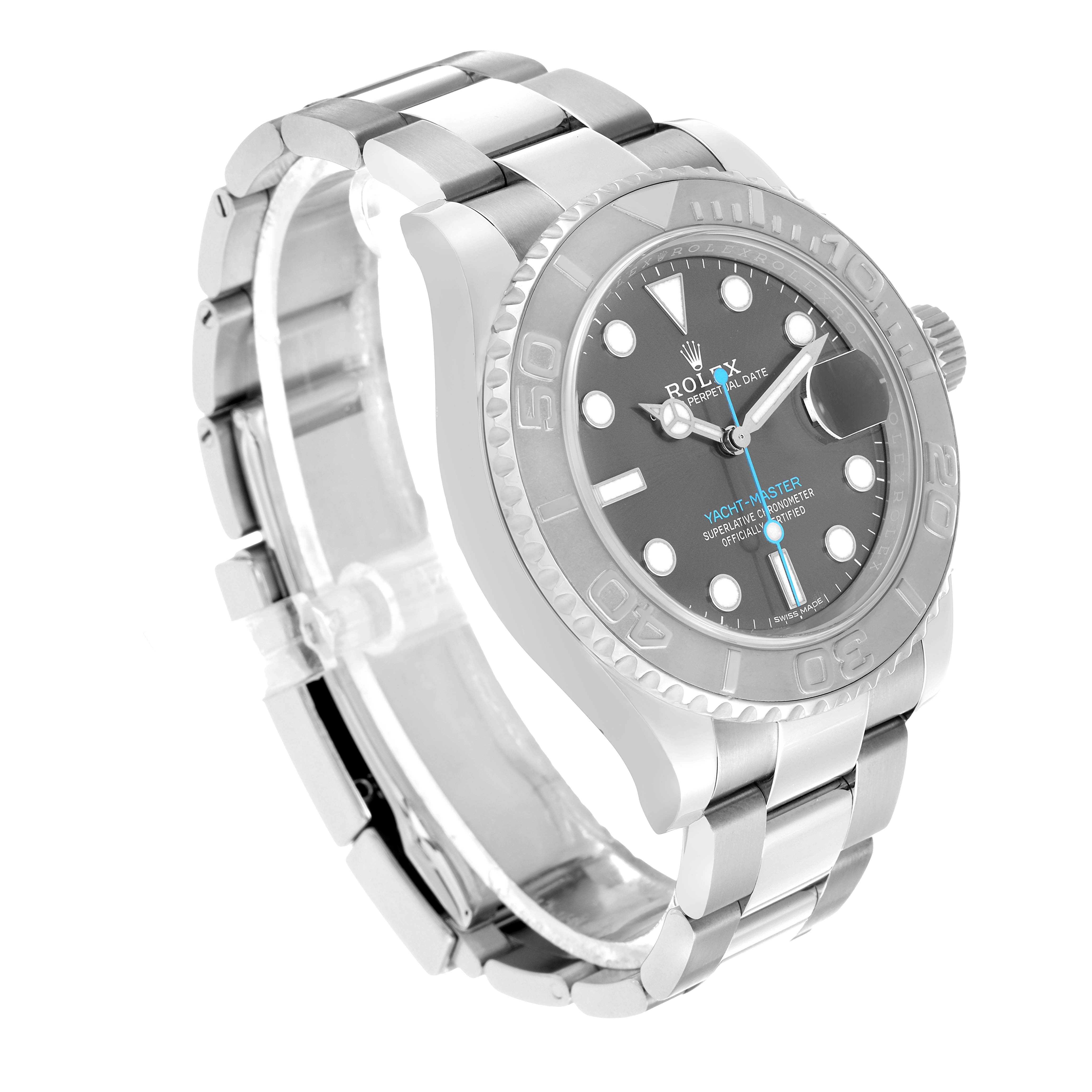 The Rolex Yacht-Master 116622 Men's Stainless Steel Silver Dial watch is shown at a three-quarter angle, highlighting the bezel, dial, and bracelet.