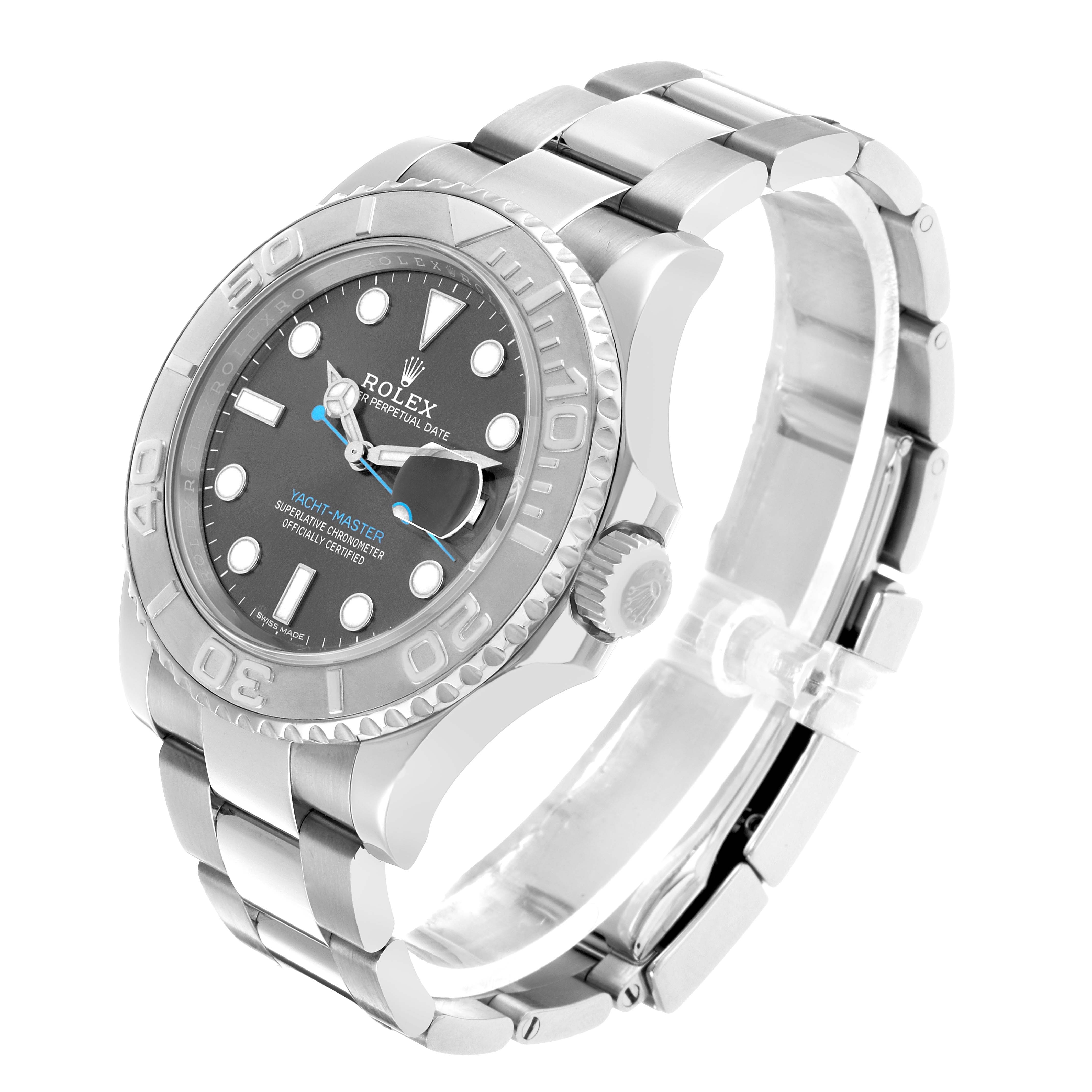 The Rolex Yacht-Master 116622 Men's Stainless Steel Silver Dial watch is shown at a three-quarter angle, displaying its bracelet, bezel, crown, and face.