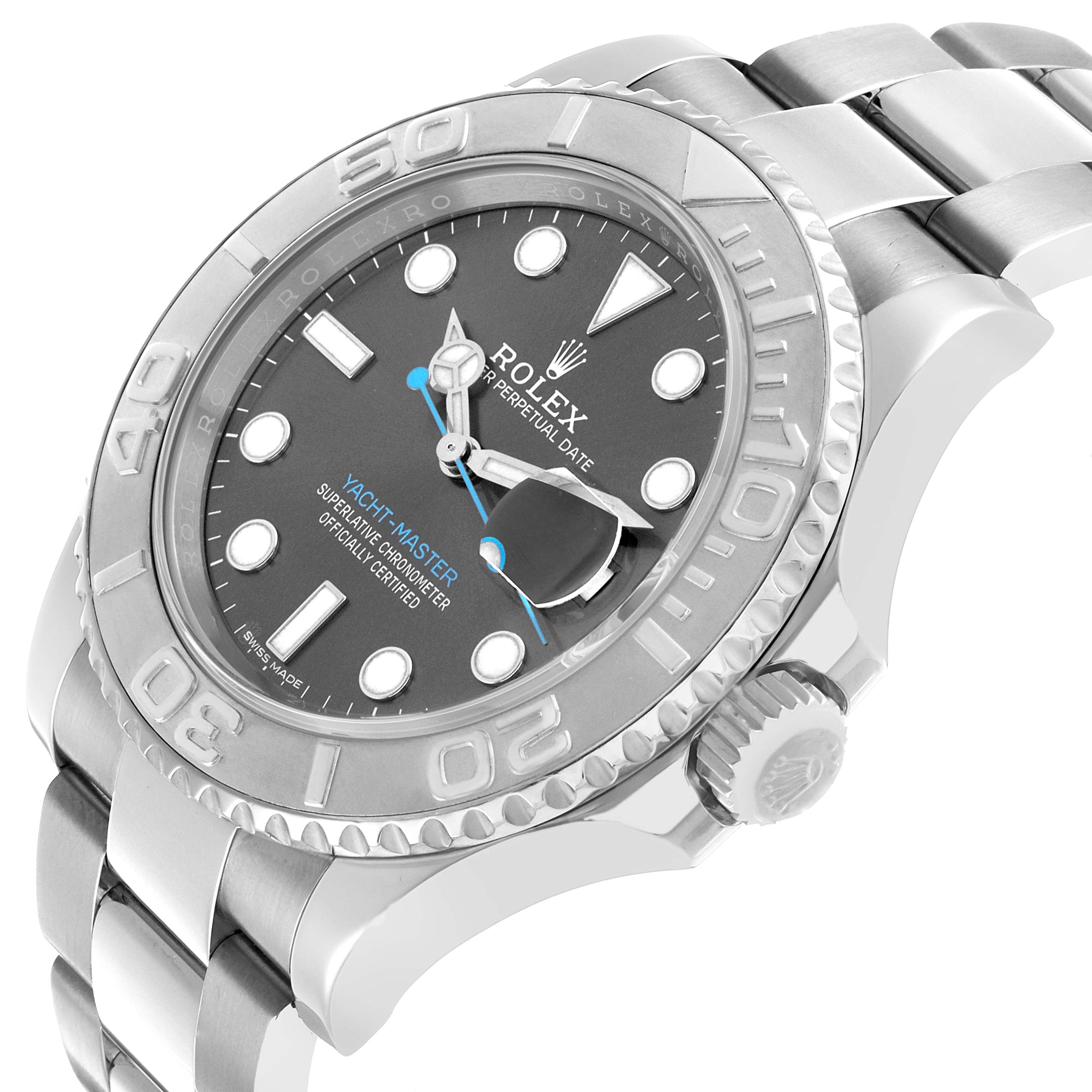 The Rolex Yacht-Master 116622 Men's Stainless Steel Silver Dial watch is shown from an angled top view, highlighting the face, bezel, crown, and part of the bracelet.