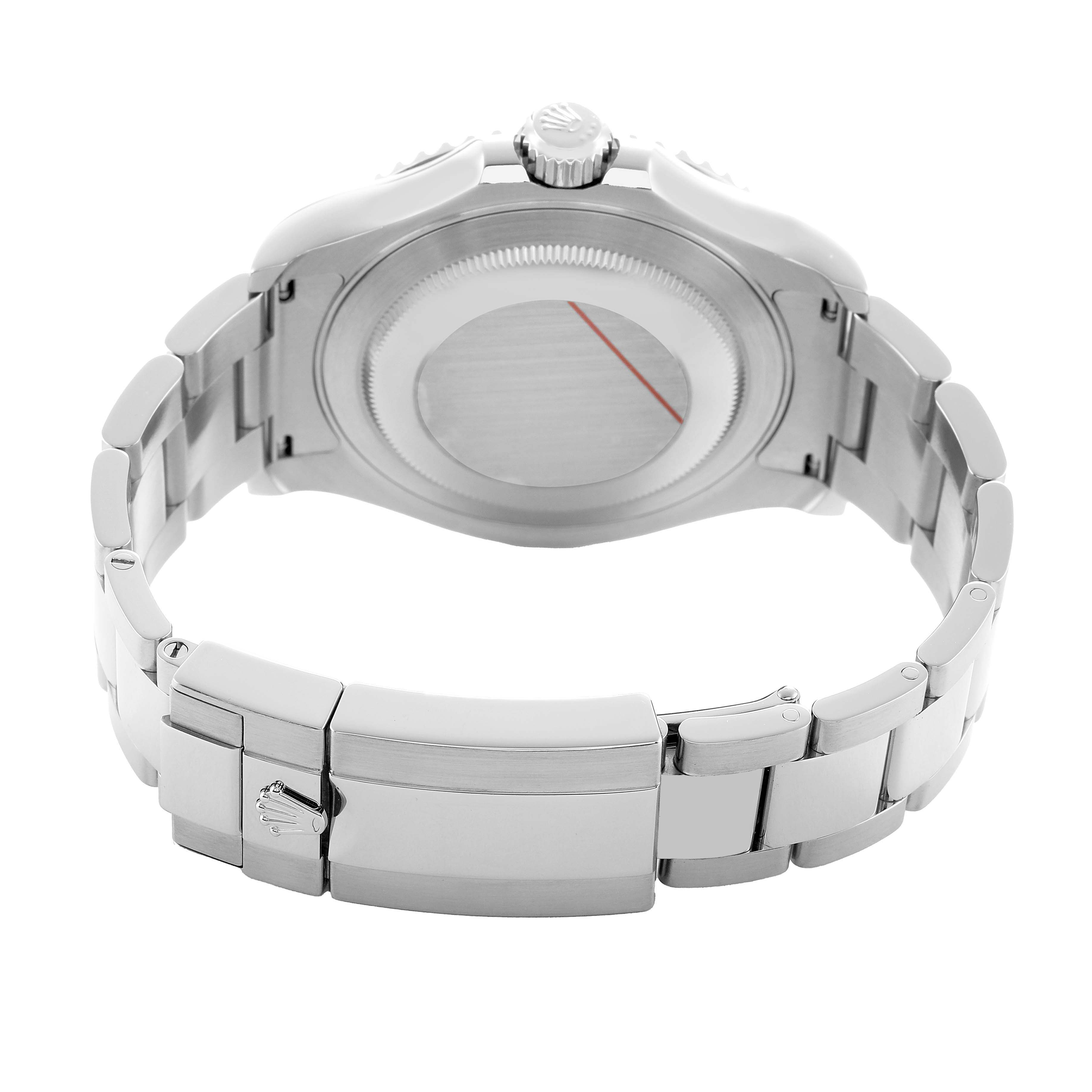 The image shows the back and bracelet of a Rolex Yacht-Master 116622 Men's Stainless Steel Silver Dial watch, highlighting the clasp and caseback.