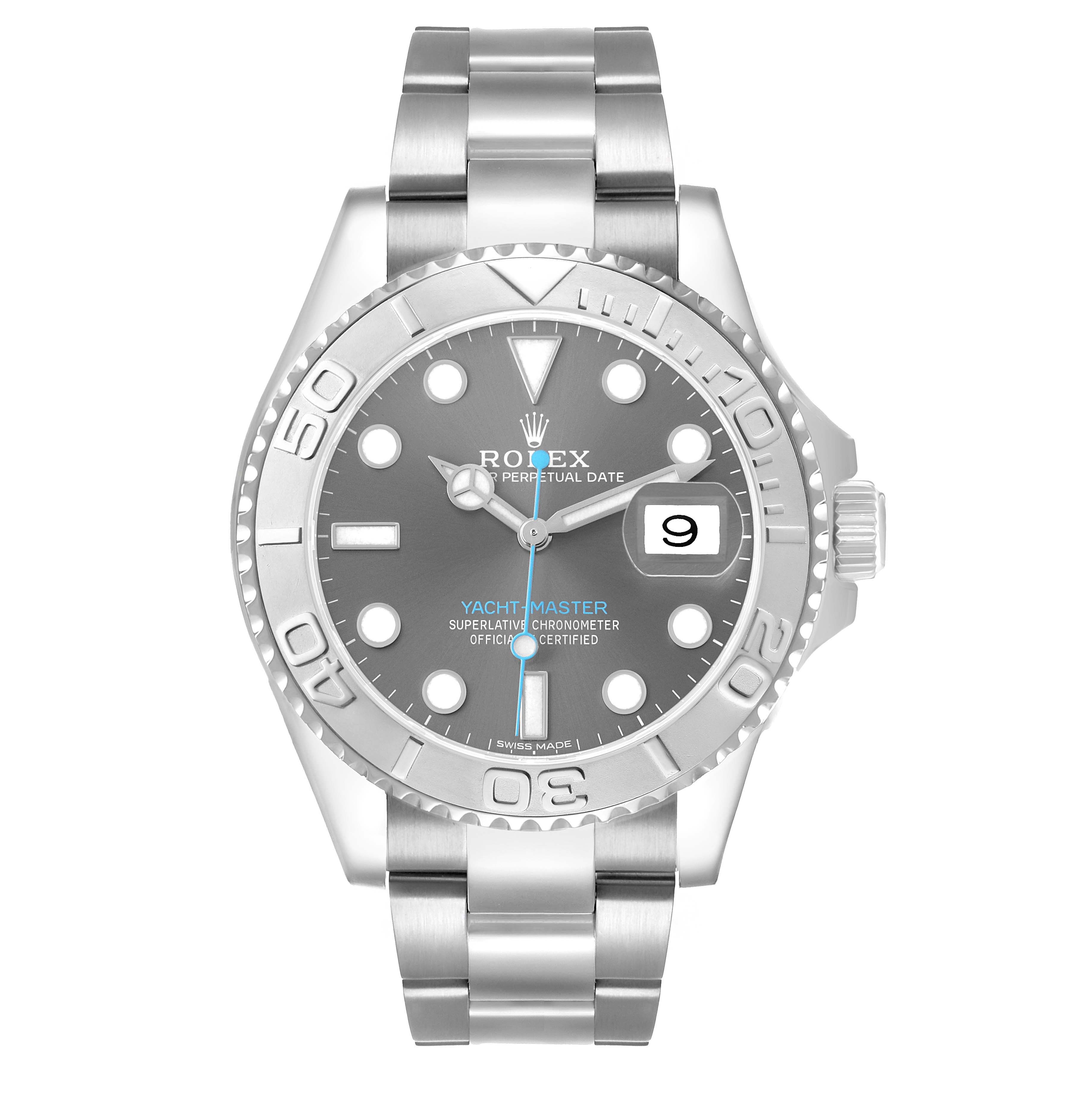 The Rolex Yacht-Master 116622 Men's Stainless Steel Silver Dial is shown from a front angle, displaying the face, bezel, and bracelet.