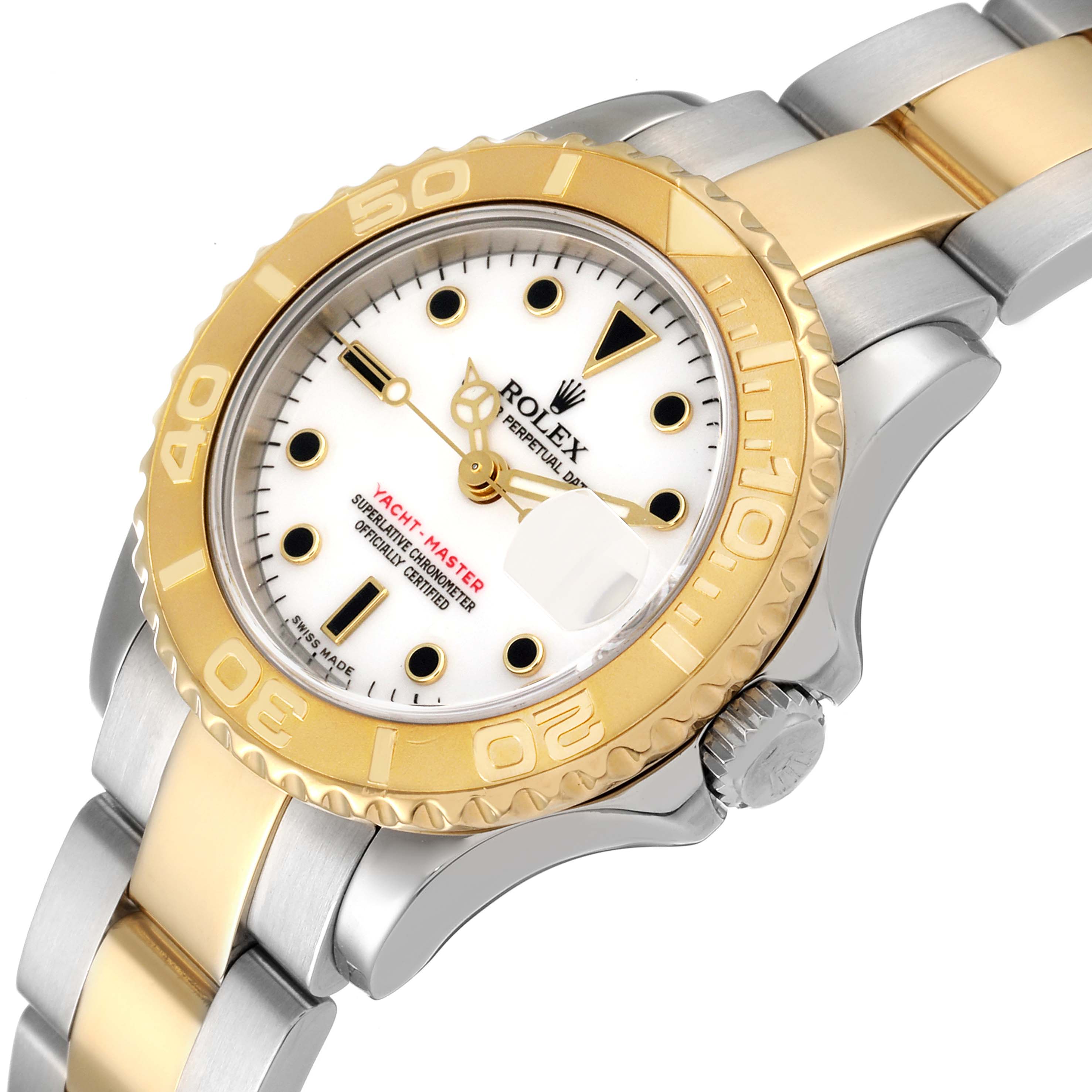 The image shows a Rolex Yacht-Master 169623 Women's Steel and Gold (two tone) White Dial 169623 Women's Steel and Gold (two tone) White Dial watch angled from the front, highlighting the dial, bezel, and part of the bracelet.