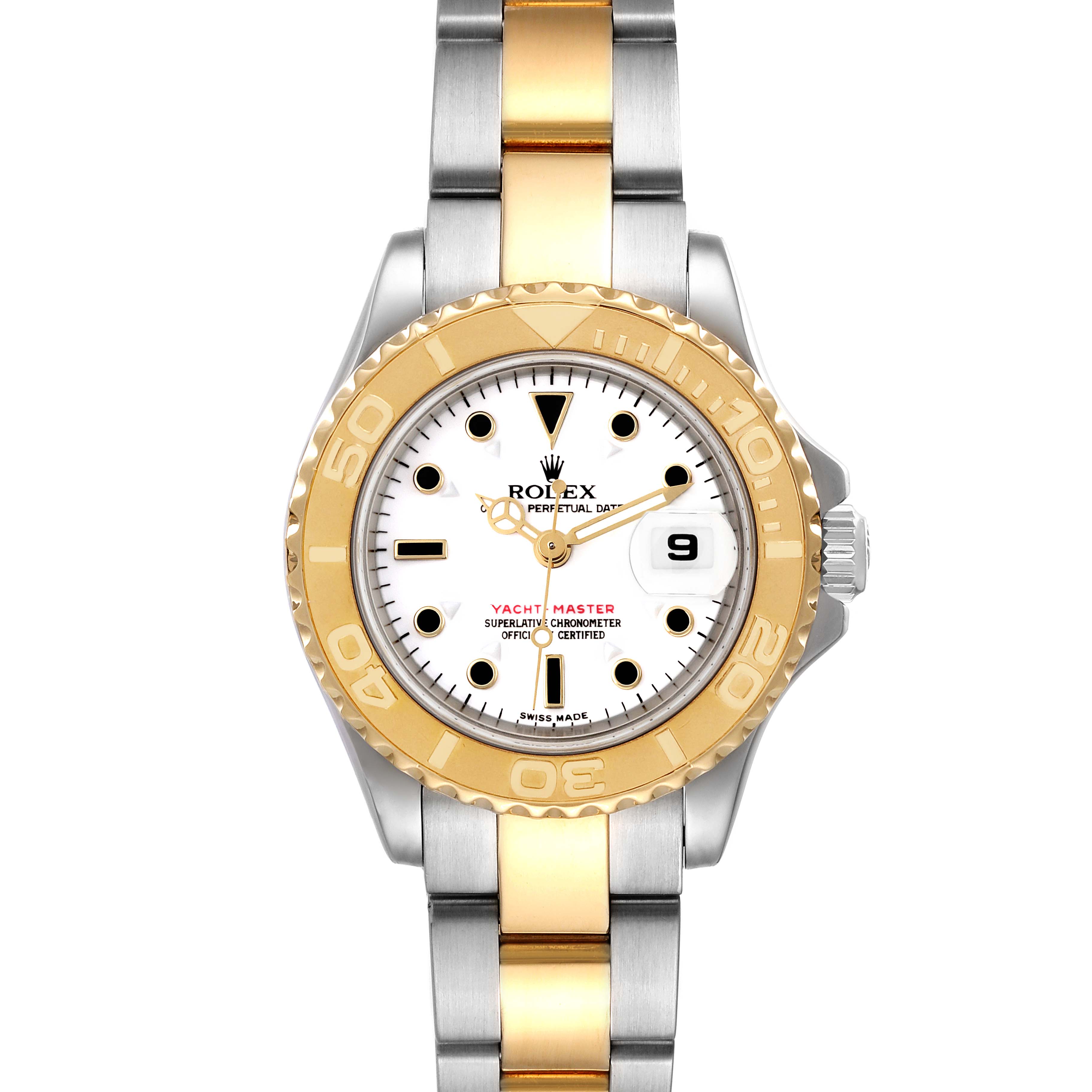 The image shows a frontal view of the Rolex Yacht-Master 169623 Women's Steel and Gold (two tone) White Dial 169623 Women's Steel and Gold (two tone) White Dial watch's face, bezel, and bracelet.