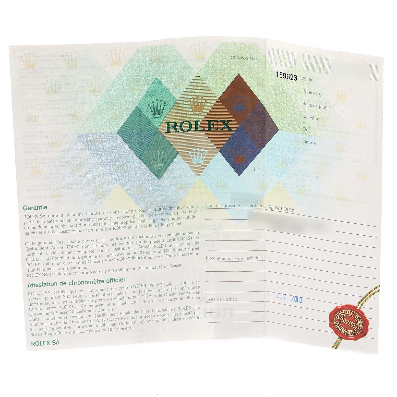 The image shows the official warranty and chronometer certification document for the Rolex Yacht-Master 169623 Women's Steel and Gold (two tone) White Dial 169623 Women's Steel and Gold (two tone) White Dial model.