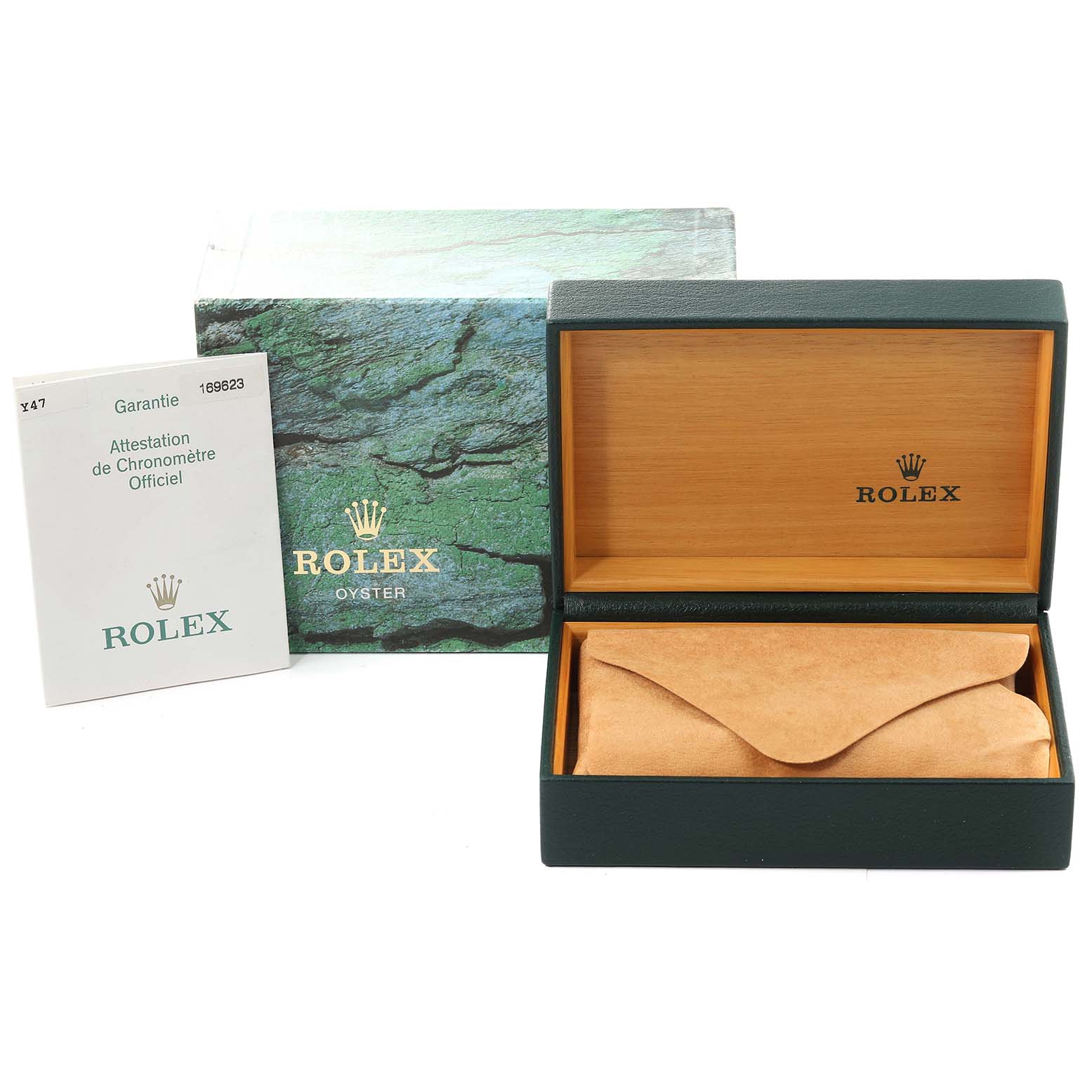 The image shows a Rolex Yacht-Master 169623 Women's Steel and Gold (two tone) White Dial 169623 Women's Steel and Gold (two tone) White Dial watch box, the outer box, and the official certificate, with the box opened to reveal the inner pouch.