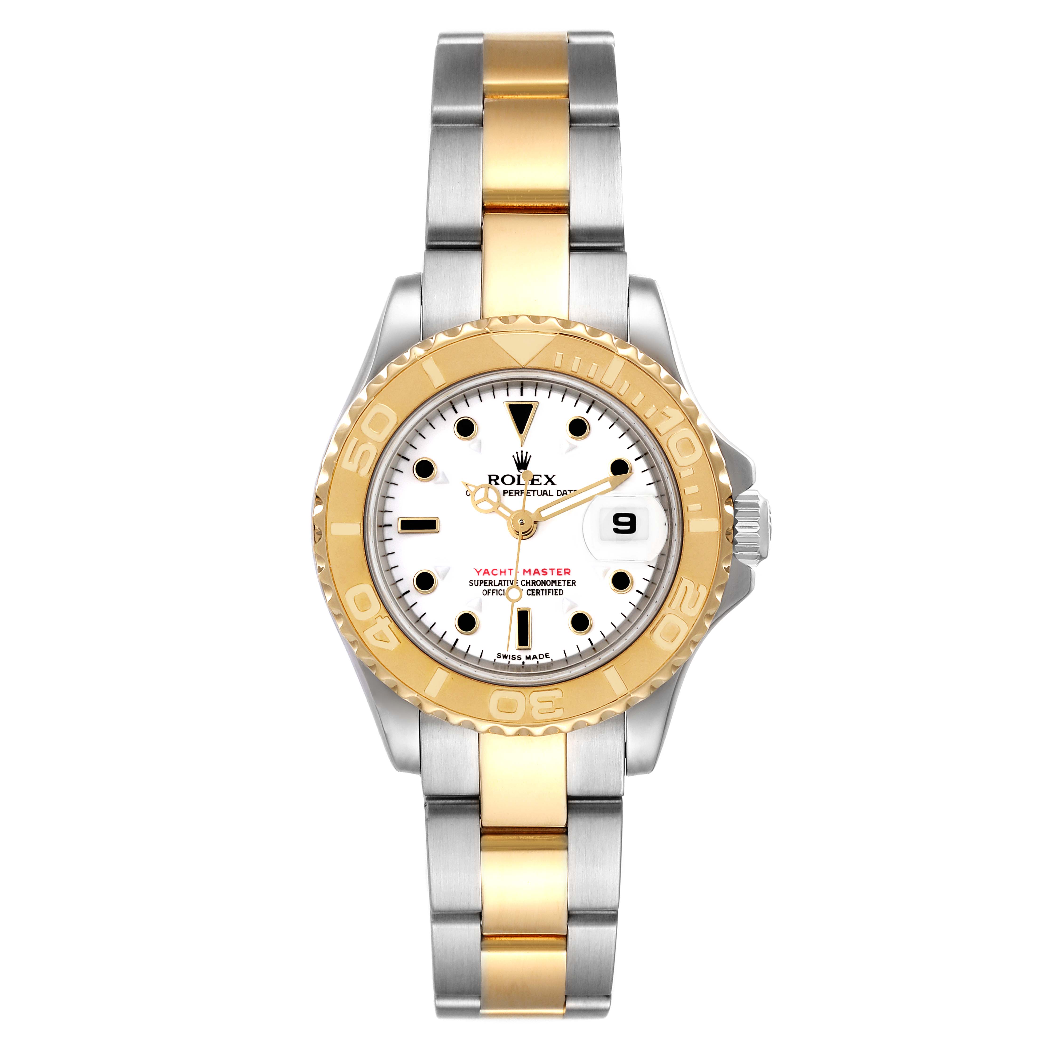The Rolex Yacht-Master 169623 Women's Steel and Gold (two tone) White Dial 169623 Women's Steel and Gold (two tone) White Dial watch is shown from the front, displaying its face, dial, bezel, and two-tone bracelet.